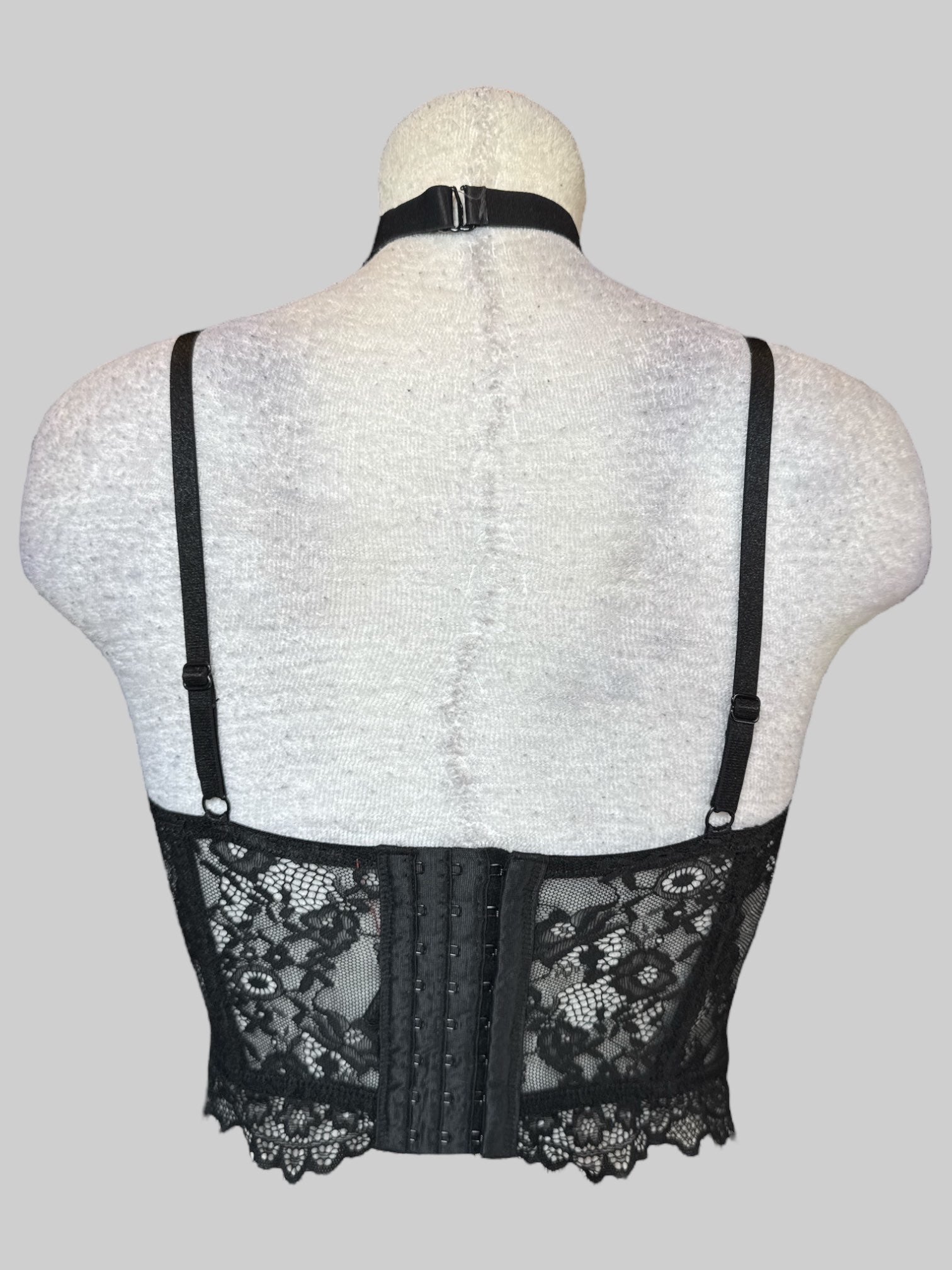 S Killstar Ever Ayla black corset style top with velvet, black floral lace, and straps