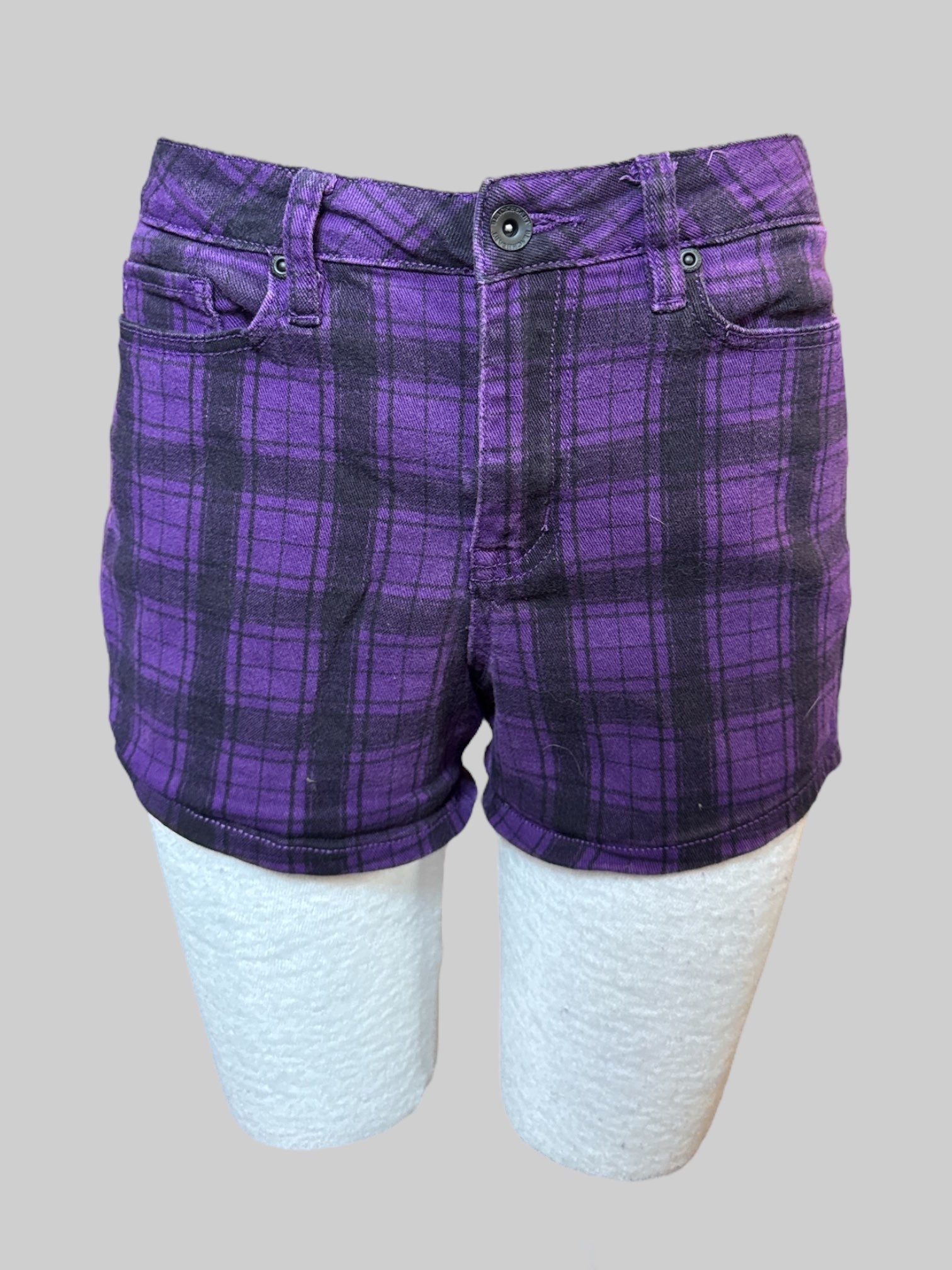 S Blackheart black and purple plaid shorts