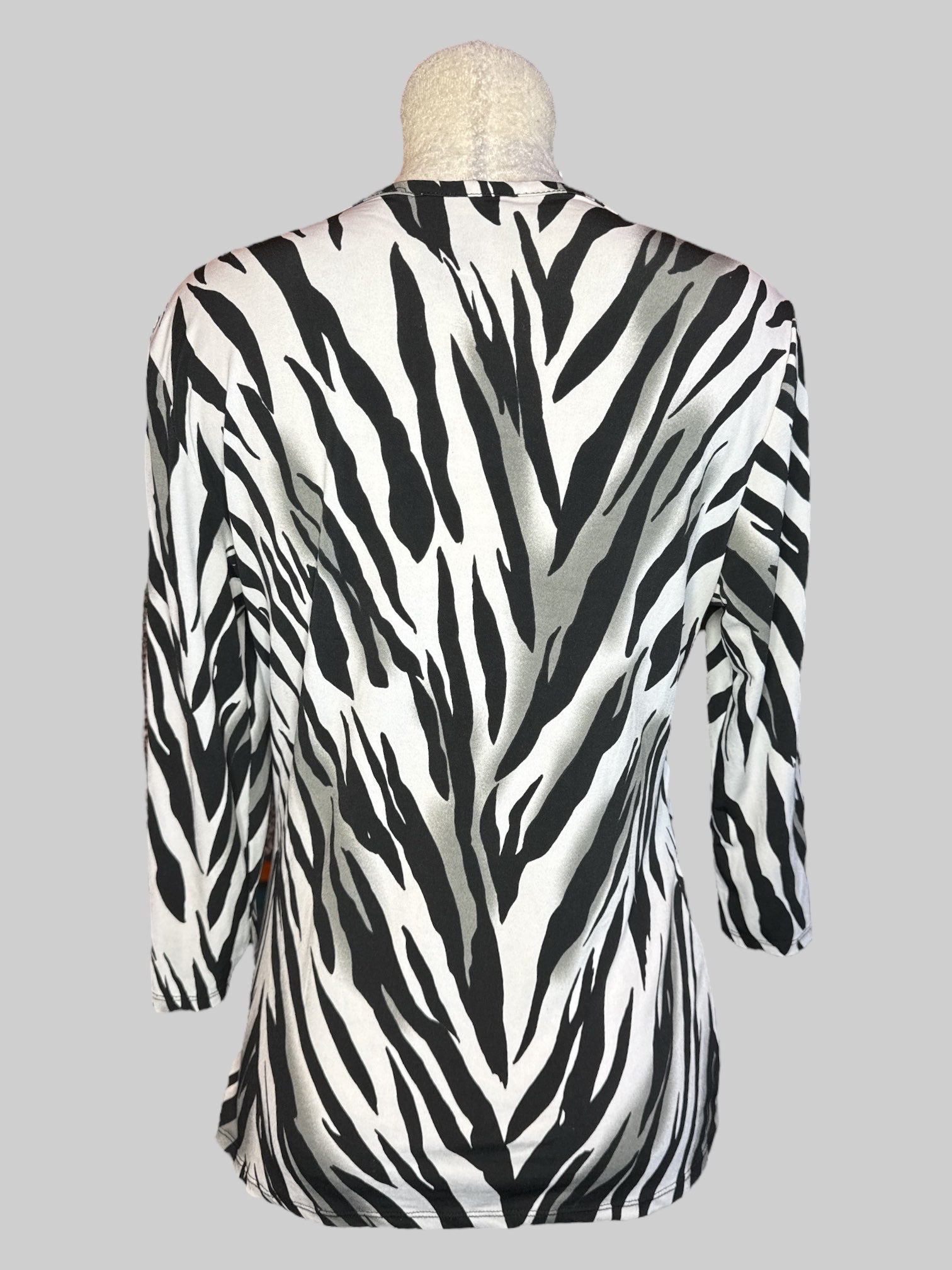 XL Y2K white and black zebra pattern faux wrap top and ruching on sides