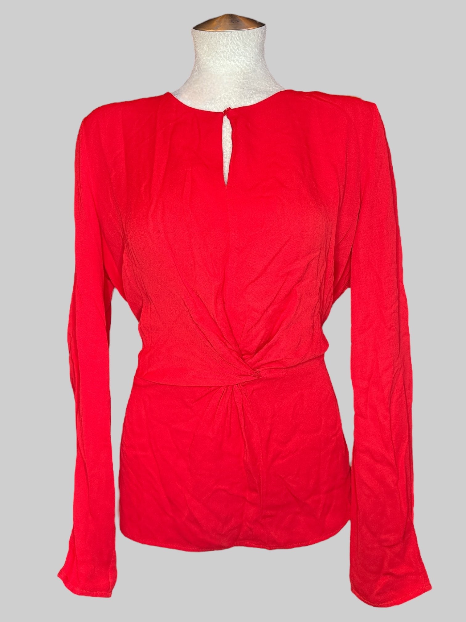 XL Red long sleeve shirt with twist in middle, keyhole chest, and elastic back waistband