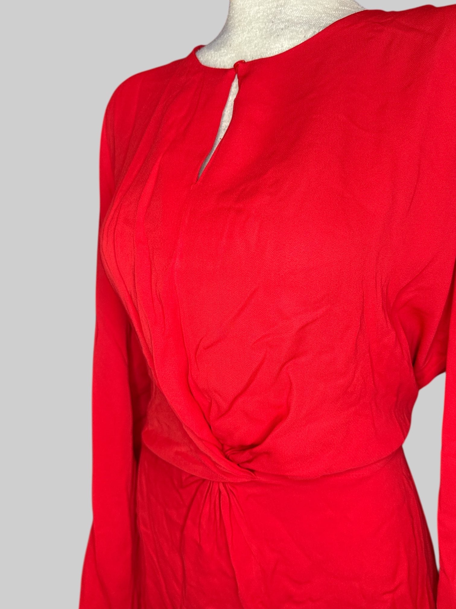 XL Red long sleeve shirt with twist in middle, keyhole chest, and elastic back waistband