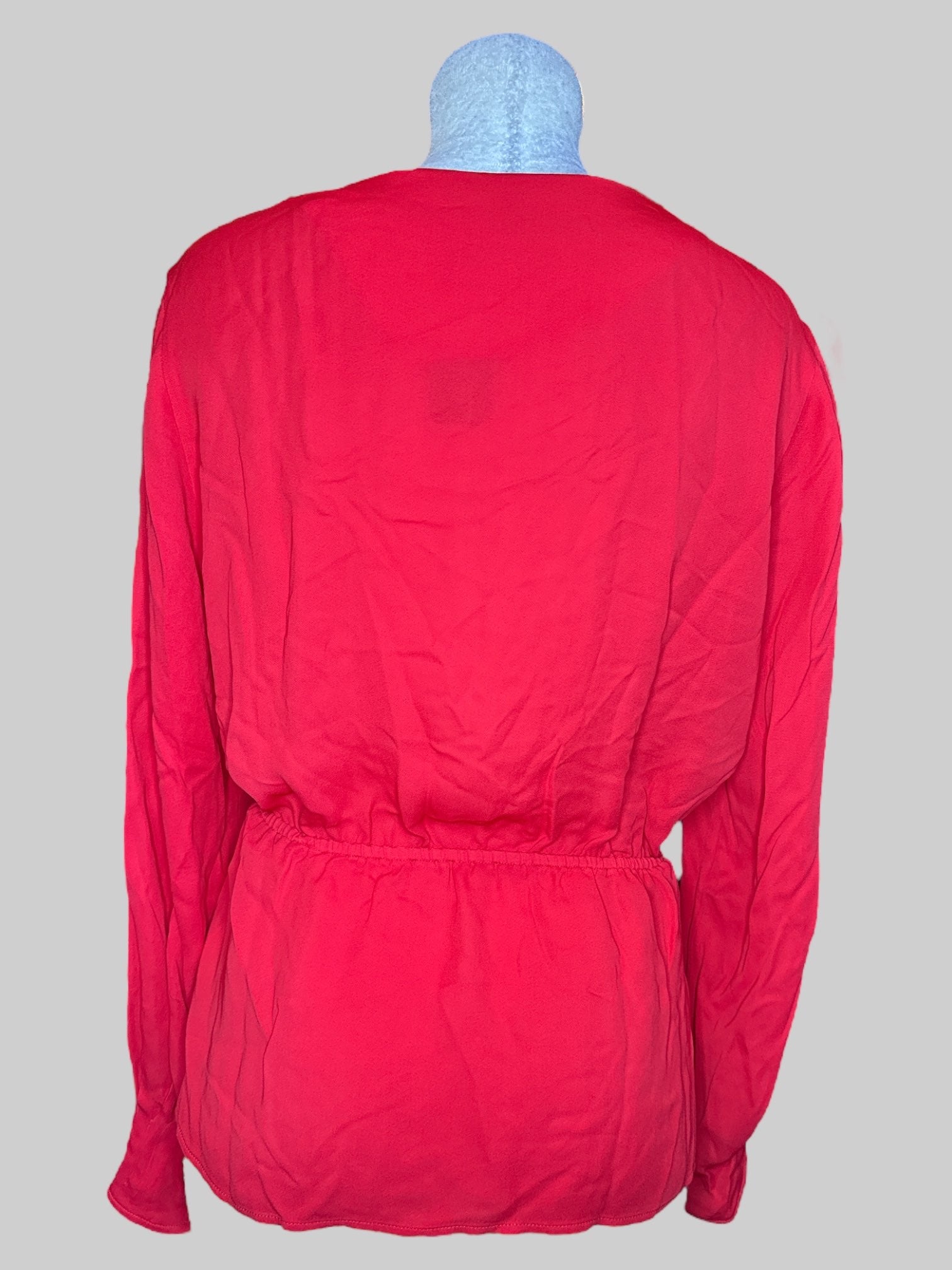 XL Red long sleeve shirt with twist in middle, keyhole chest, and elastic back waistband