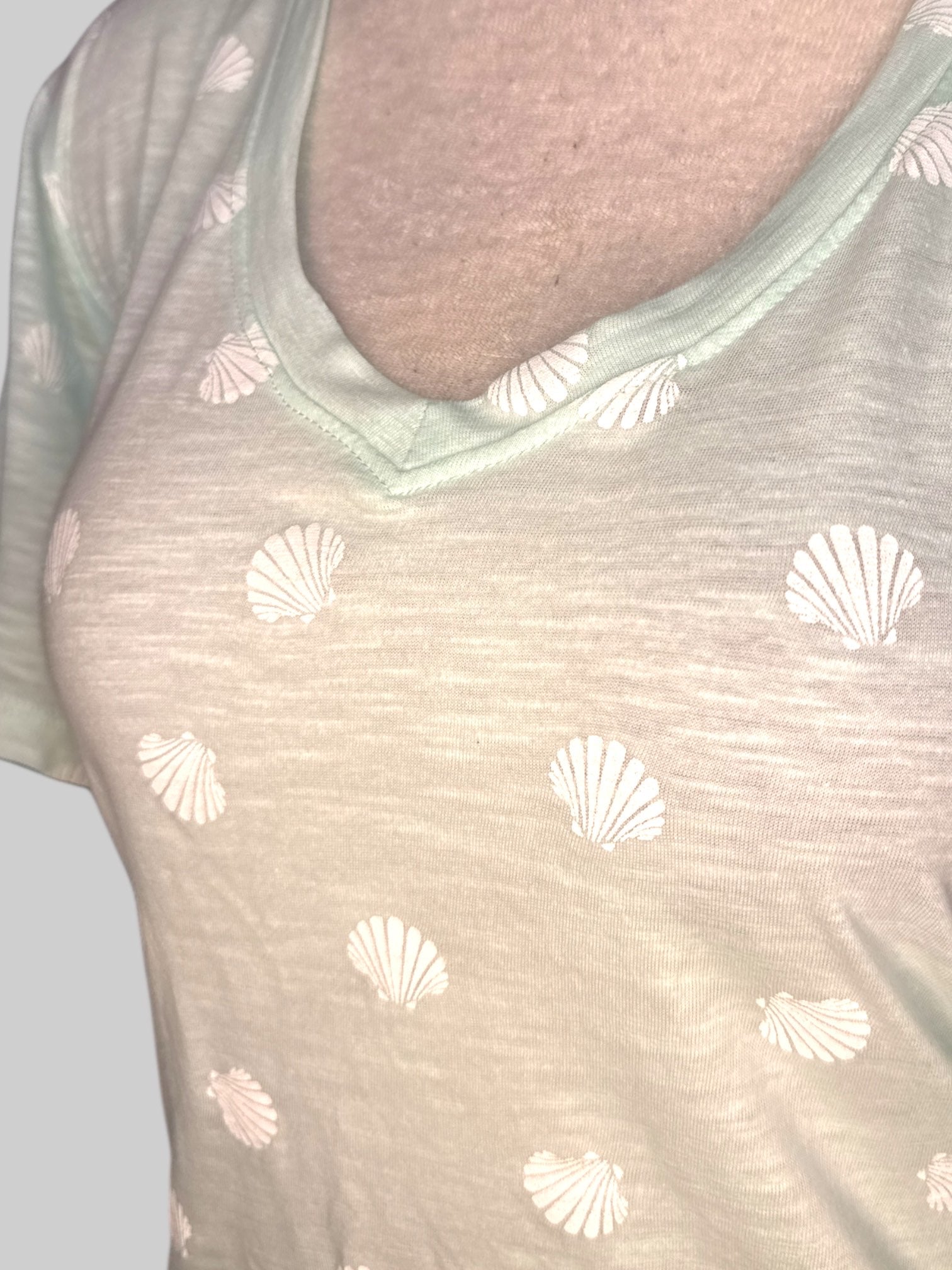 3X NWT seafoam green V-neck short sleeve shirt with white scallops