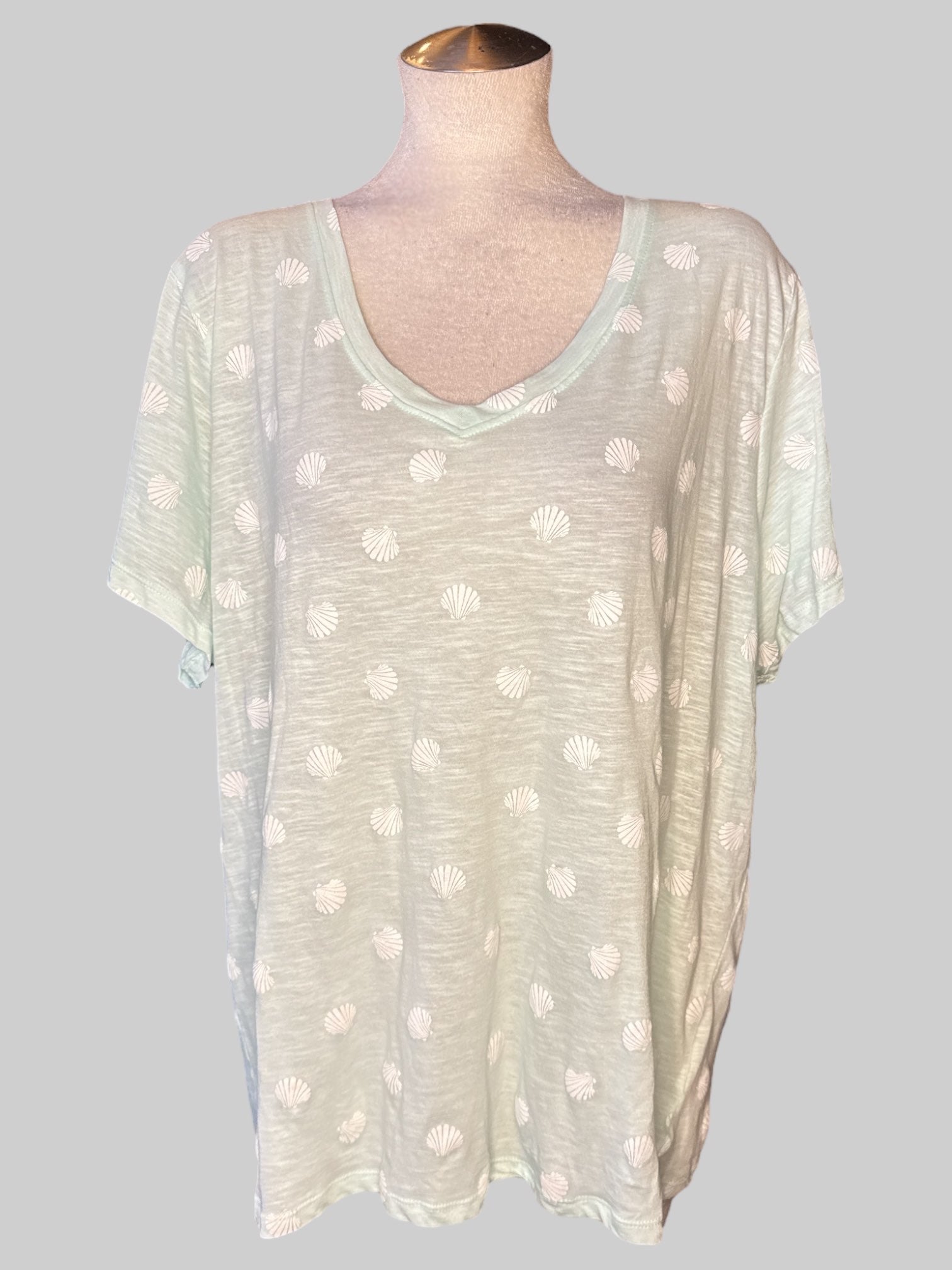 3X NWT seafoam green V-neck short sleeve shirt with white scallops