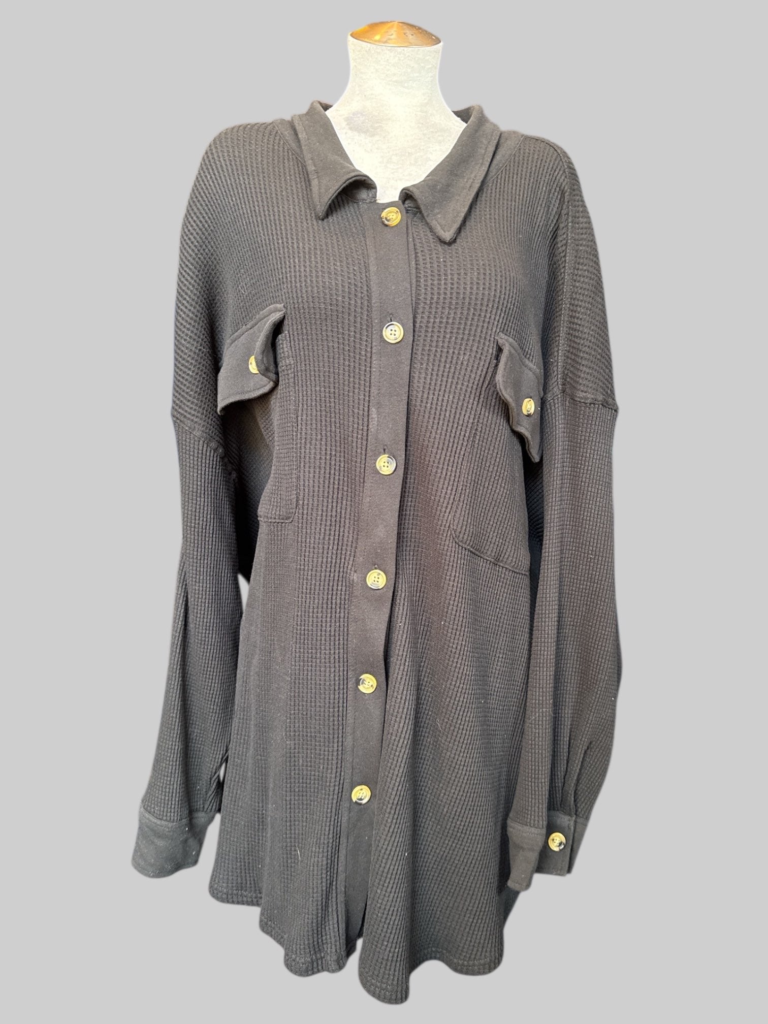 6X Black long sleeve waffle knit button up cardigan