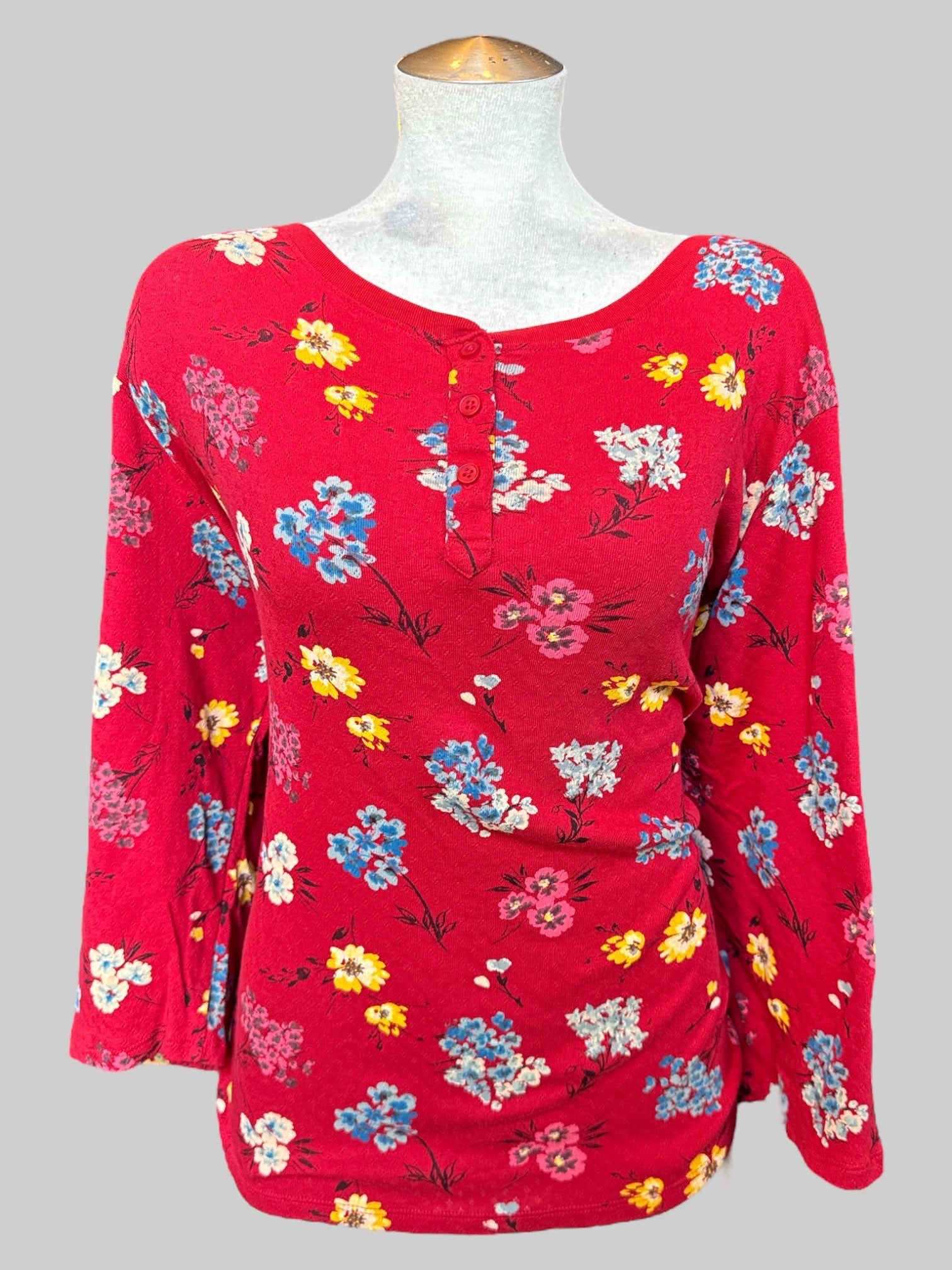 5X Red long sleeve shirt with blue, yellow, pink, black and white florals