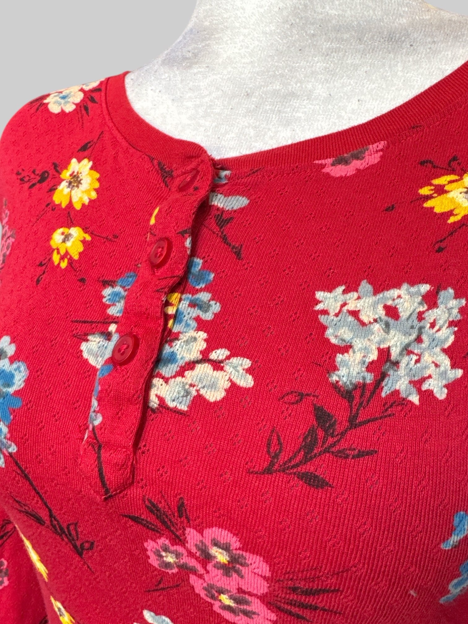 5X Red long sleeve shirt with blue, yellow, pink, black and white florals