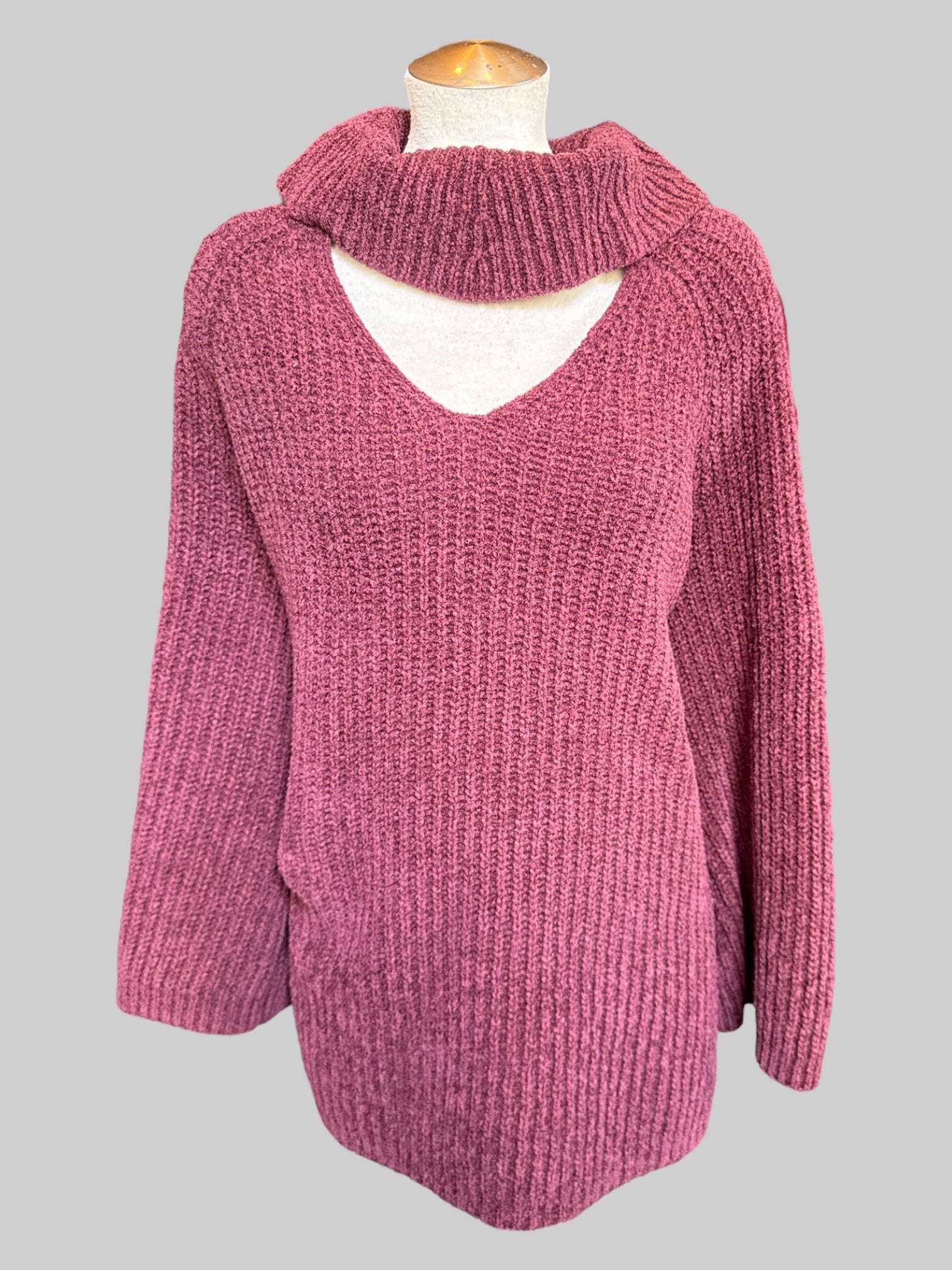 4X burgundy turtleneck sweater with chest cut out, cut outs on sleeves, and flare sleeves
