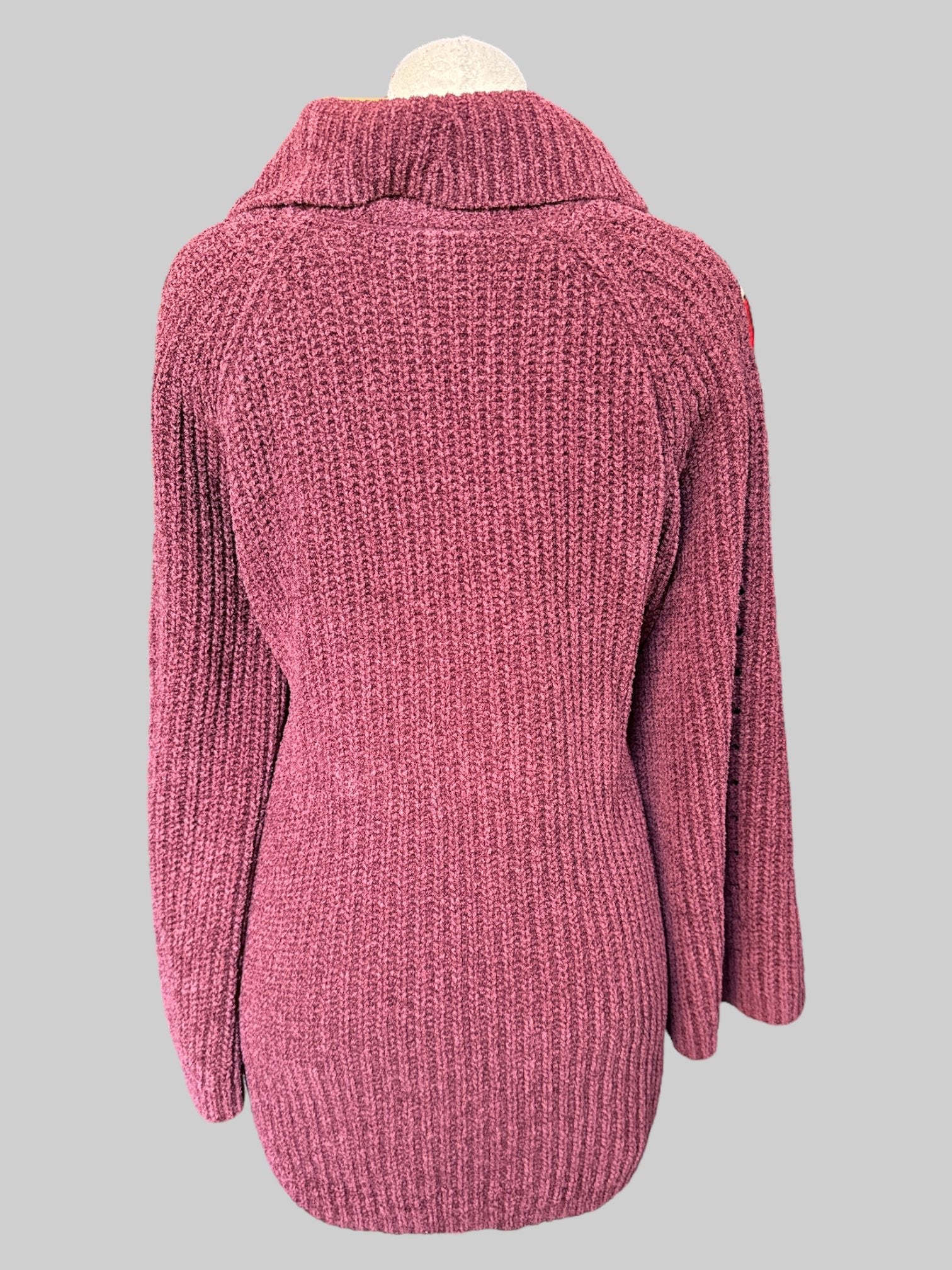 4X burgundy turtleneck sweater with chest cut out, cut outs on sleeves, and flare sleeves