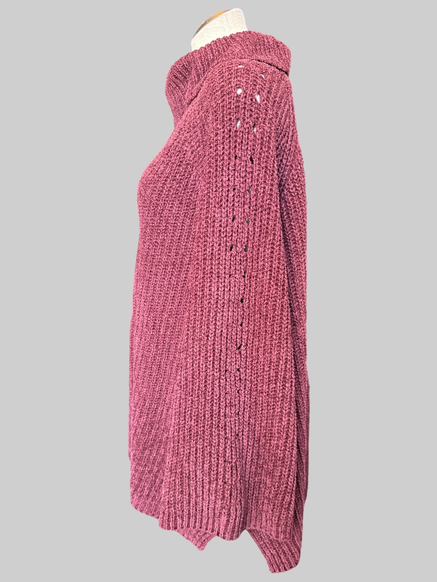 4X burgundy turtleneck sweater with chest cut out, cut outs on sleeves, and flare sleeves