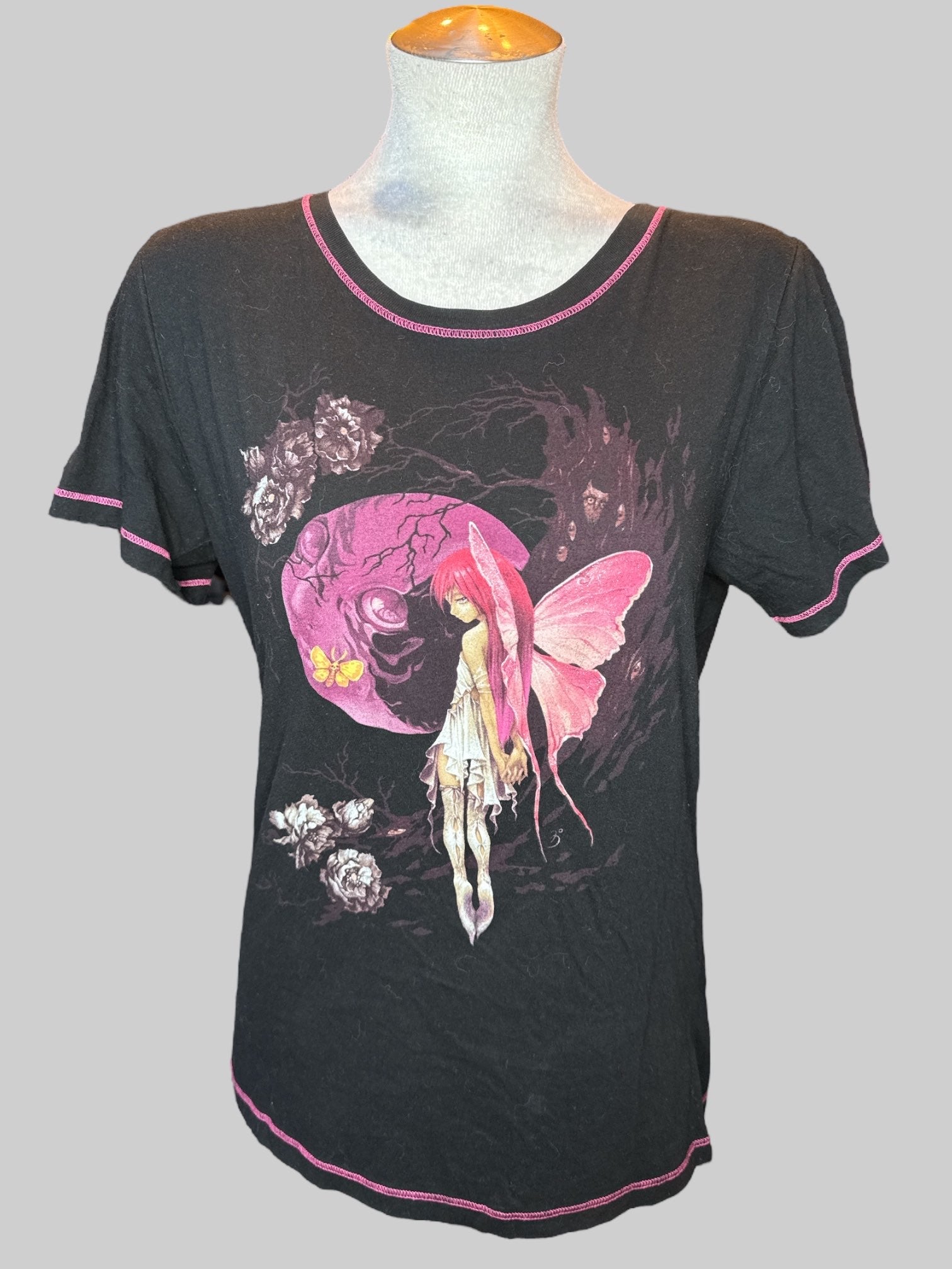 L Trick Fairies black T-shirt with fairy graphic and pink