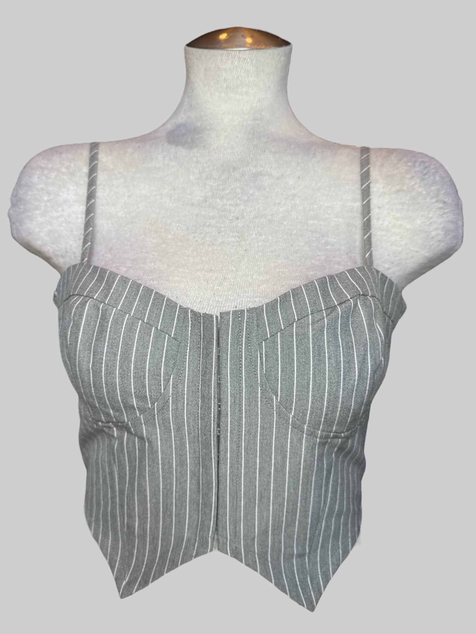M Corset style grey and white pinstriped cropped top
