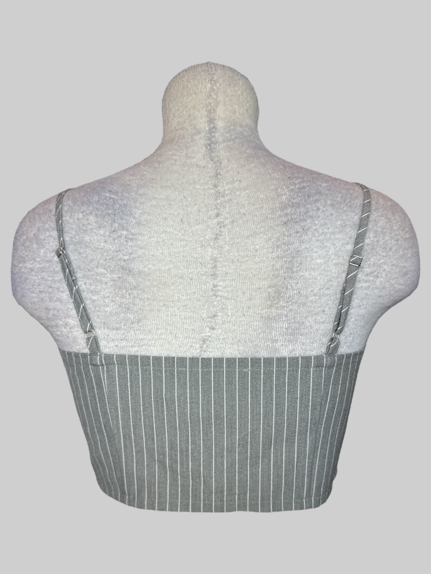 M Corset style grey and white pinstriped cropped top