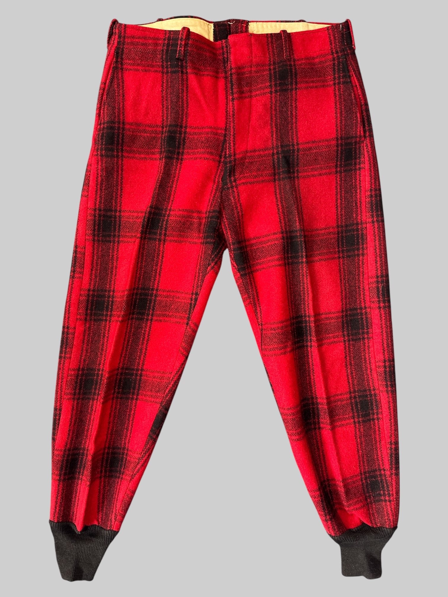 XL Vintage Red plaid heavy pants with pockets, belt, loops, and stretchy cuffs on bottom