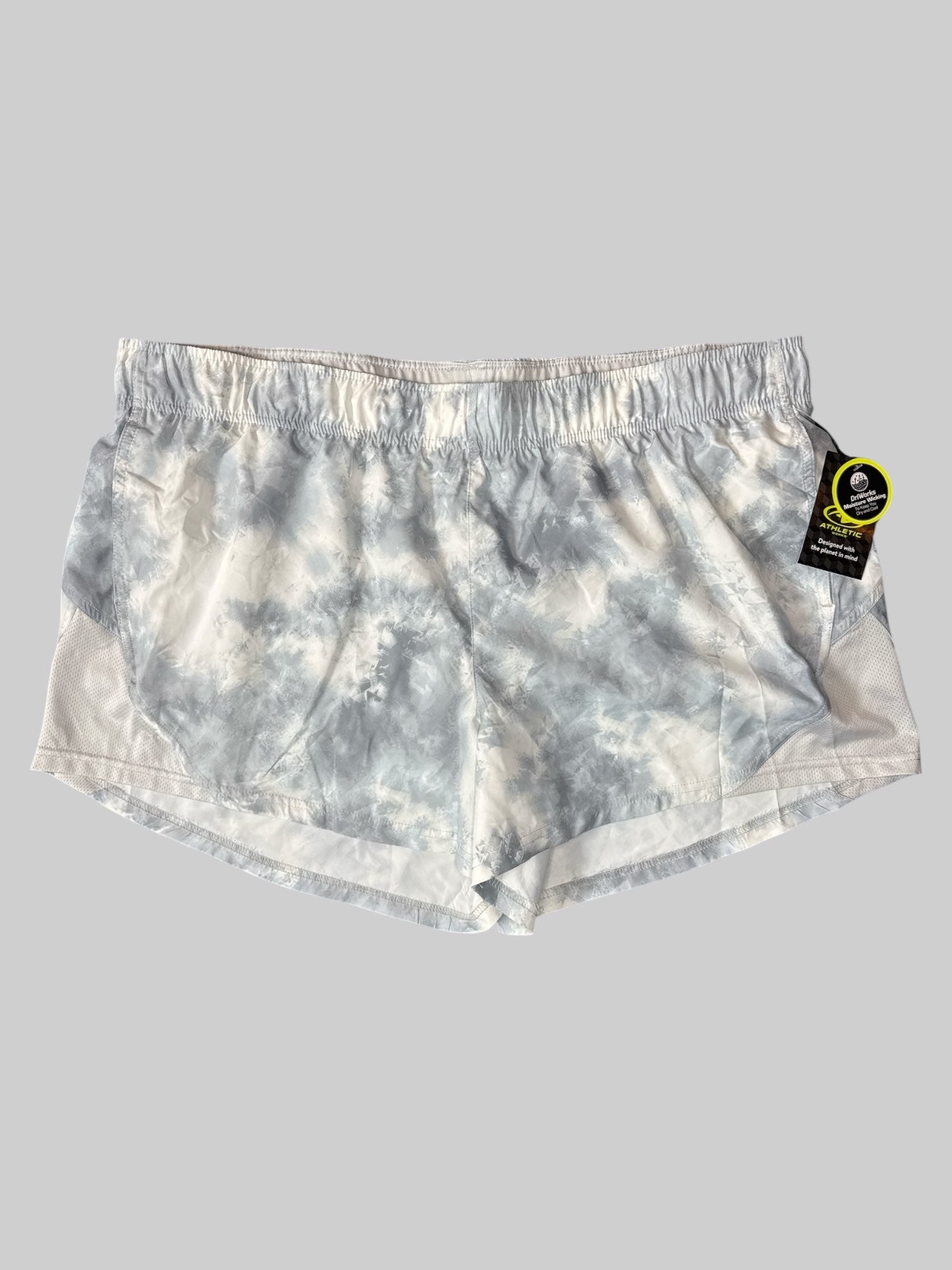 2X NWT White and grey tie-dye design, running shorts with stretchy waist and pockets