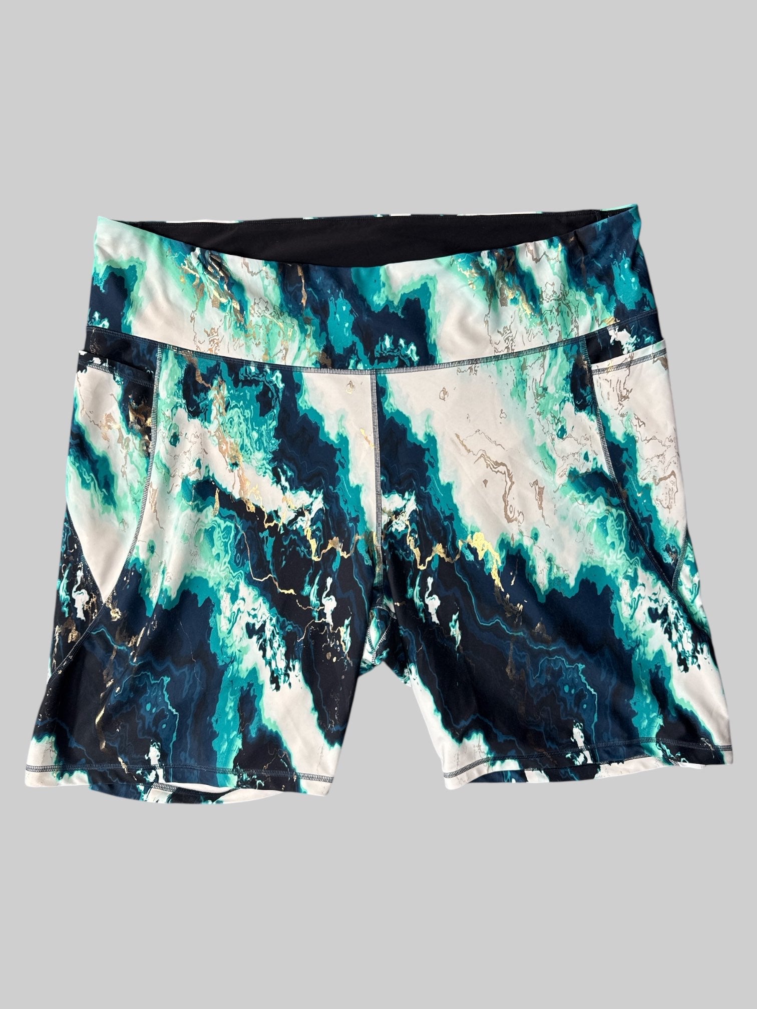 3X White blue and gold tie-dye athletic shorts with stretchy waist and pockets