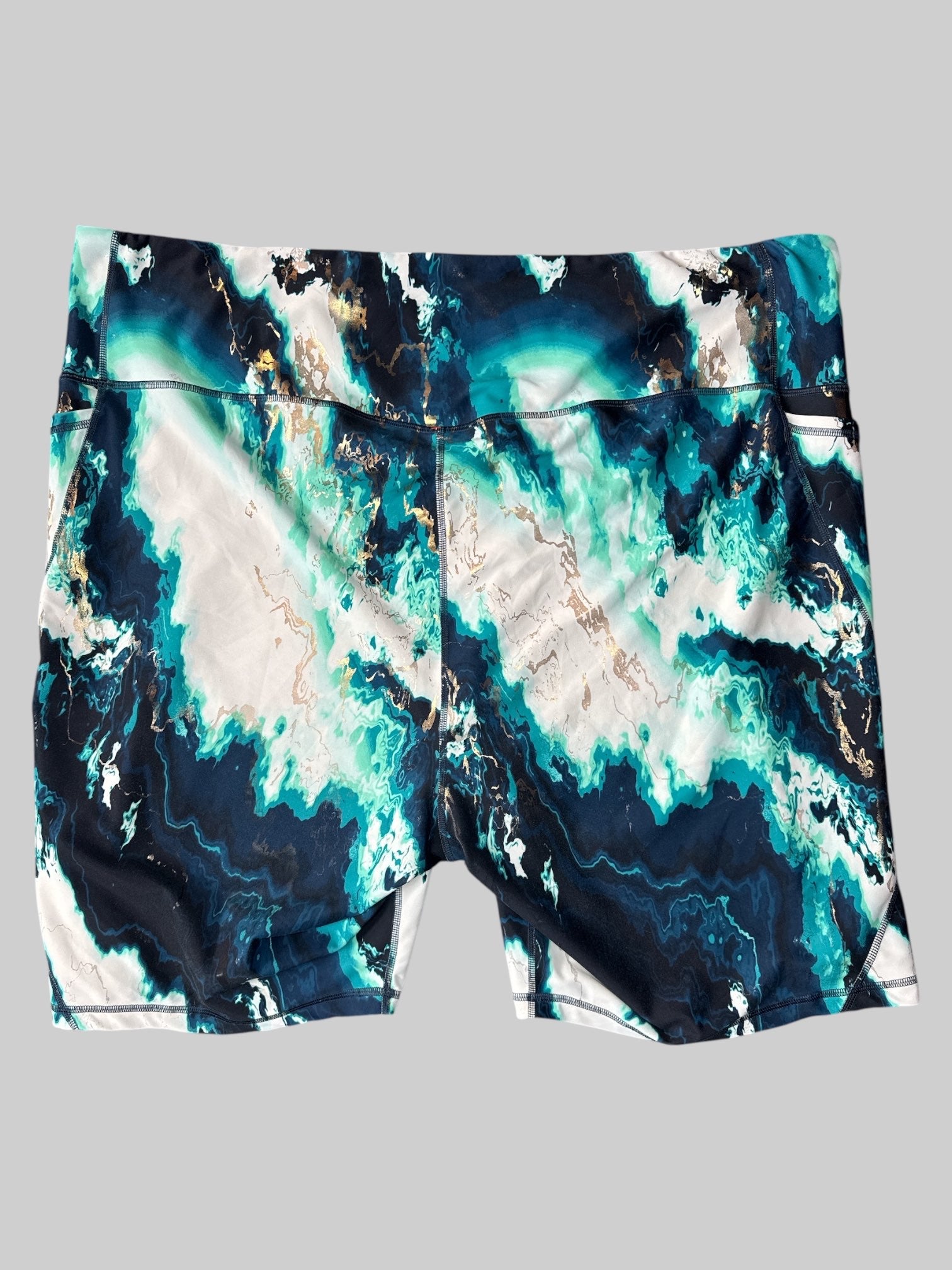 3X White blue and gold tie-dye athletic shorts with stretchy waist and pockets