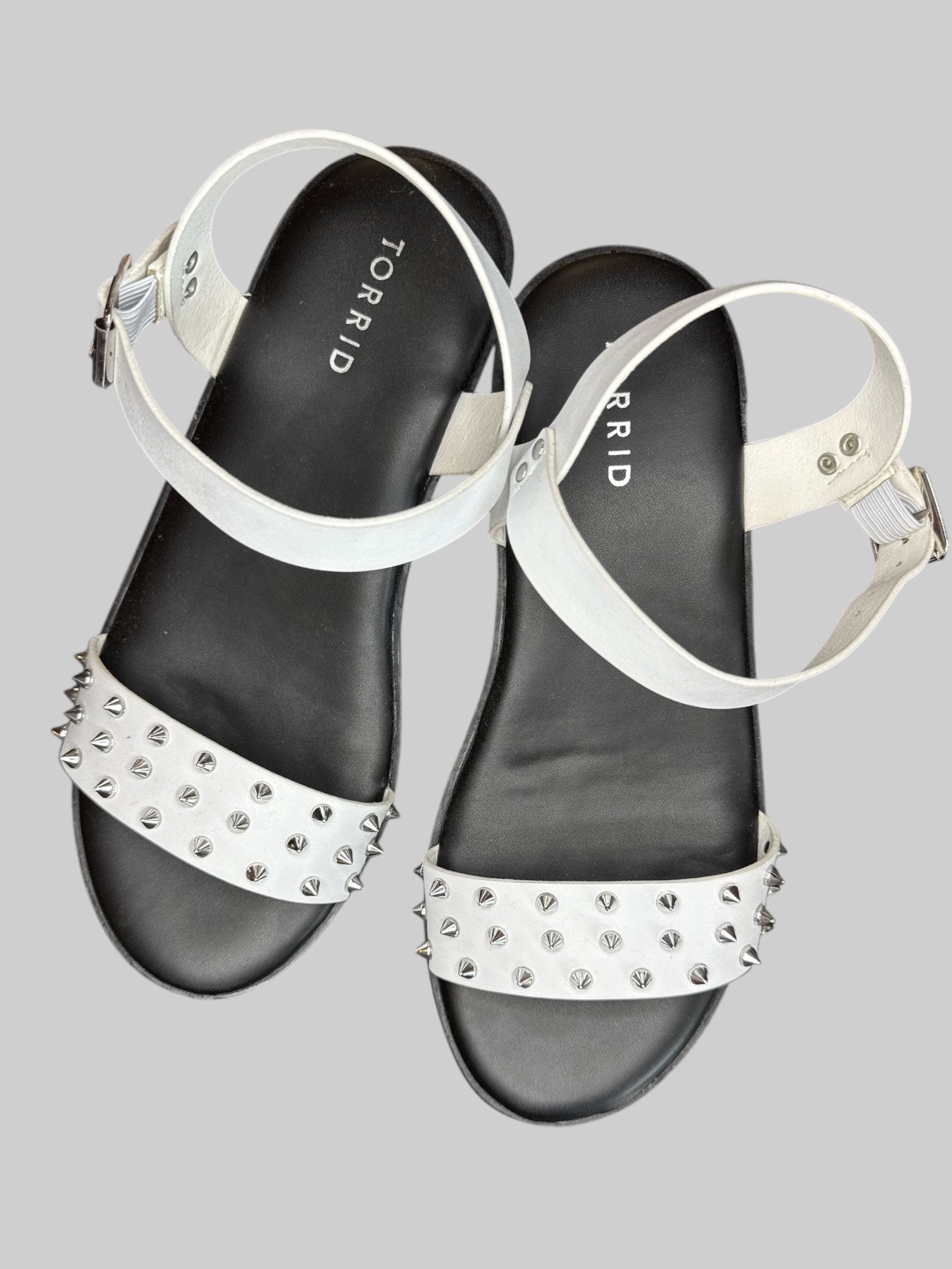 Size 8.5 NWT black wedge heels with white ankle strap and white studded strap