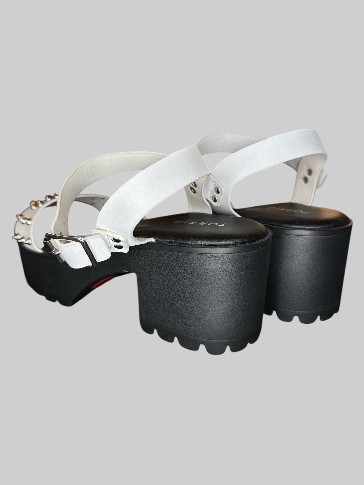 Size 8.5 NWT black wedge heels with white ankle strap and white studded strap