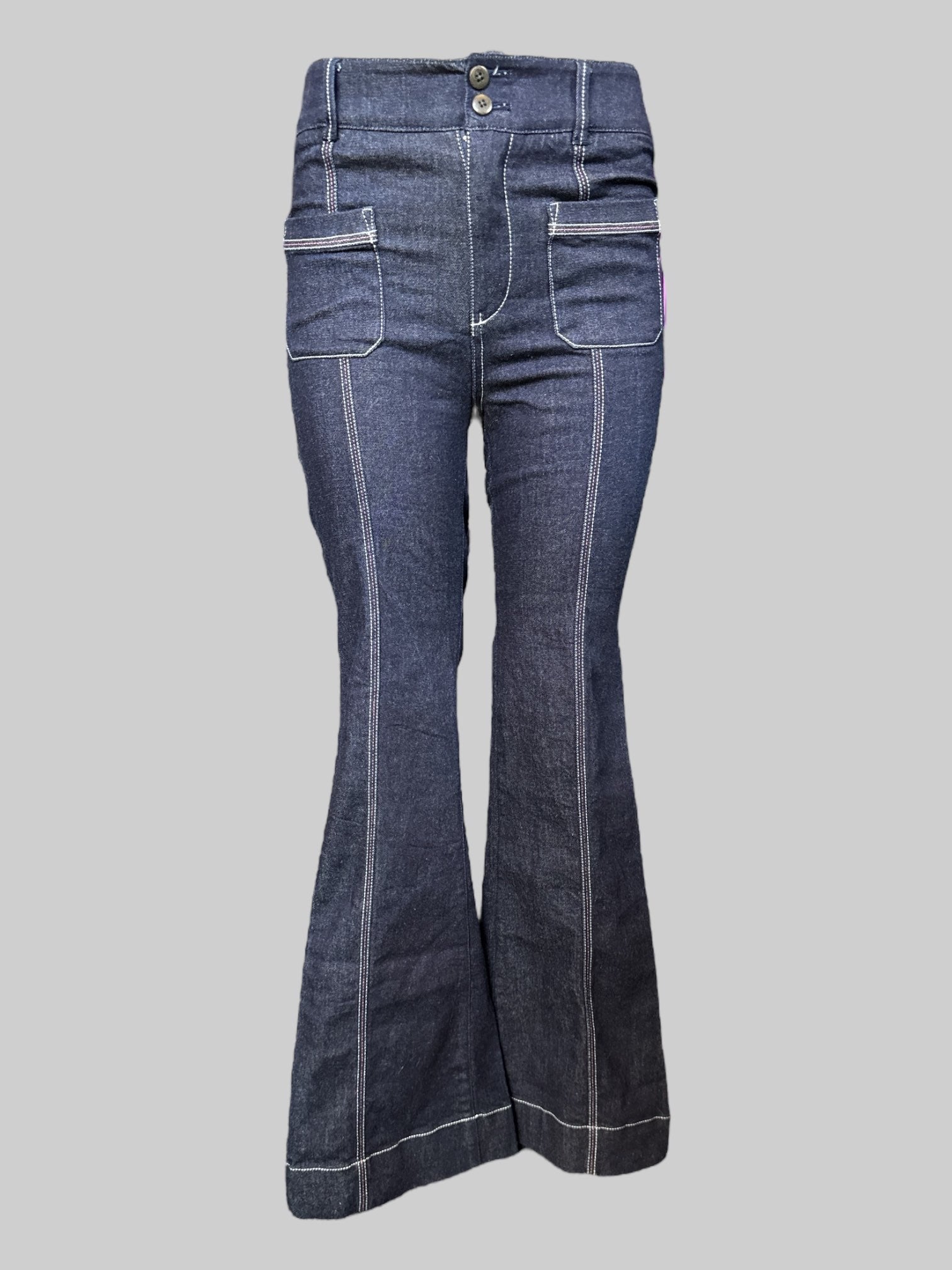 S Anthropologie dark blue flare pants with white and red stitching