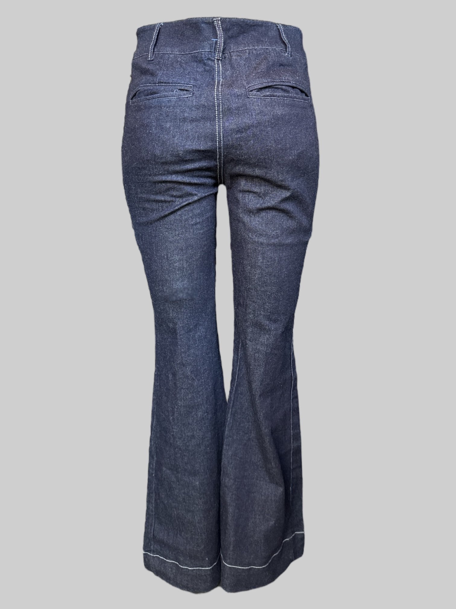 S Anthropologie dark blue flare pants with white and red stitching