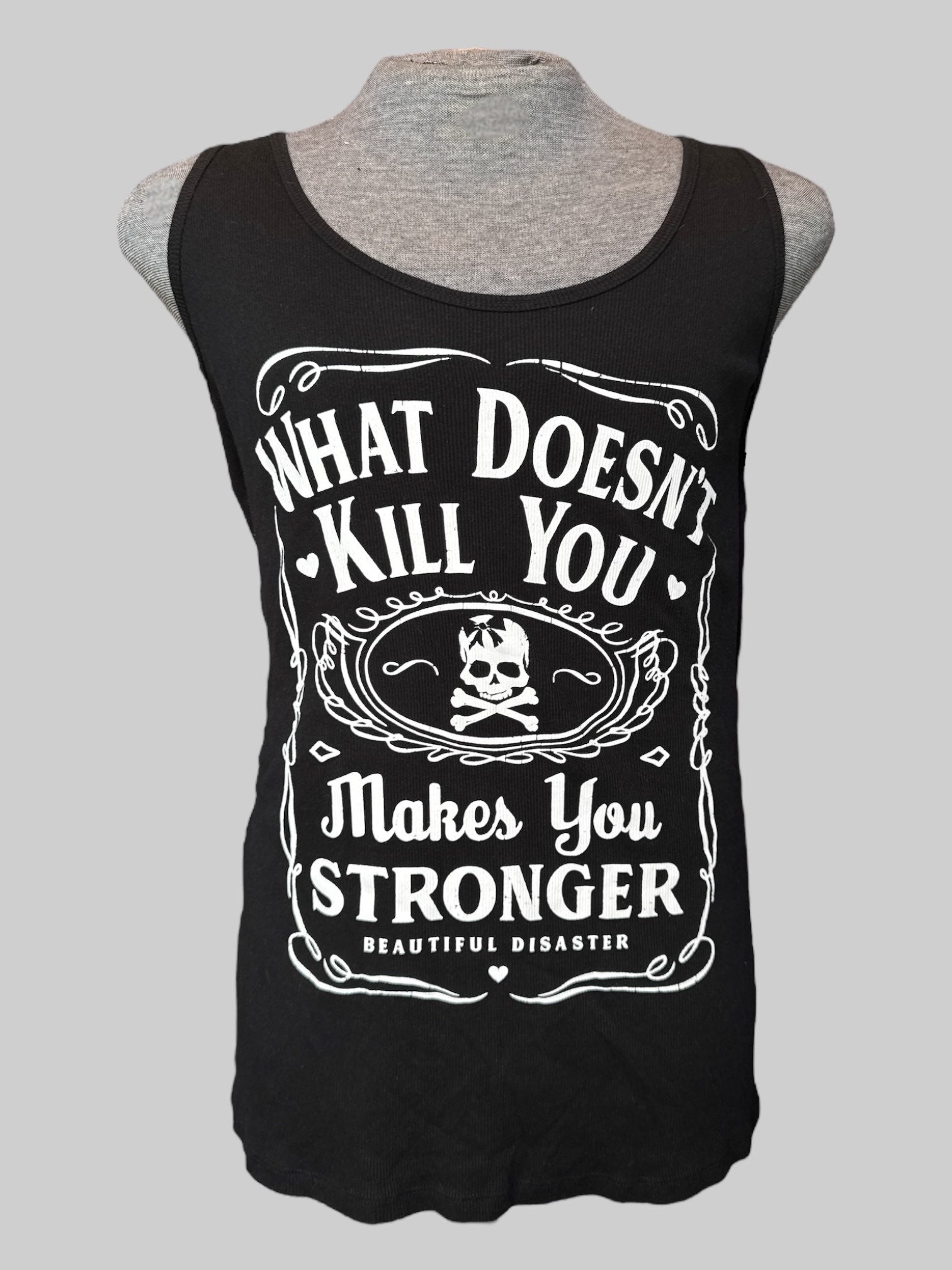 3X Beautiful Disaster black muscle tee with white lettering and skull graphic