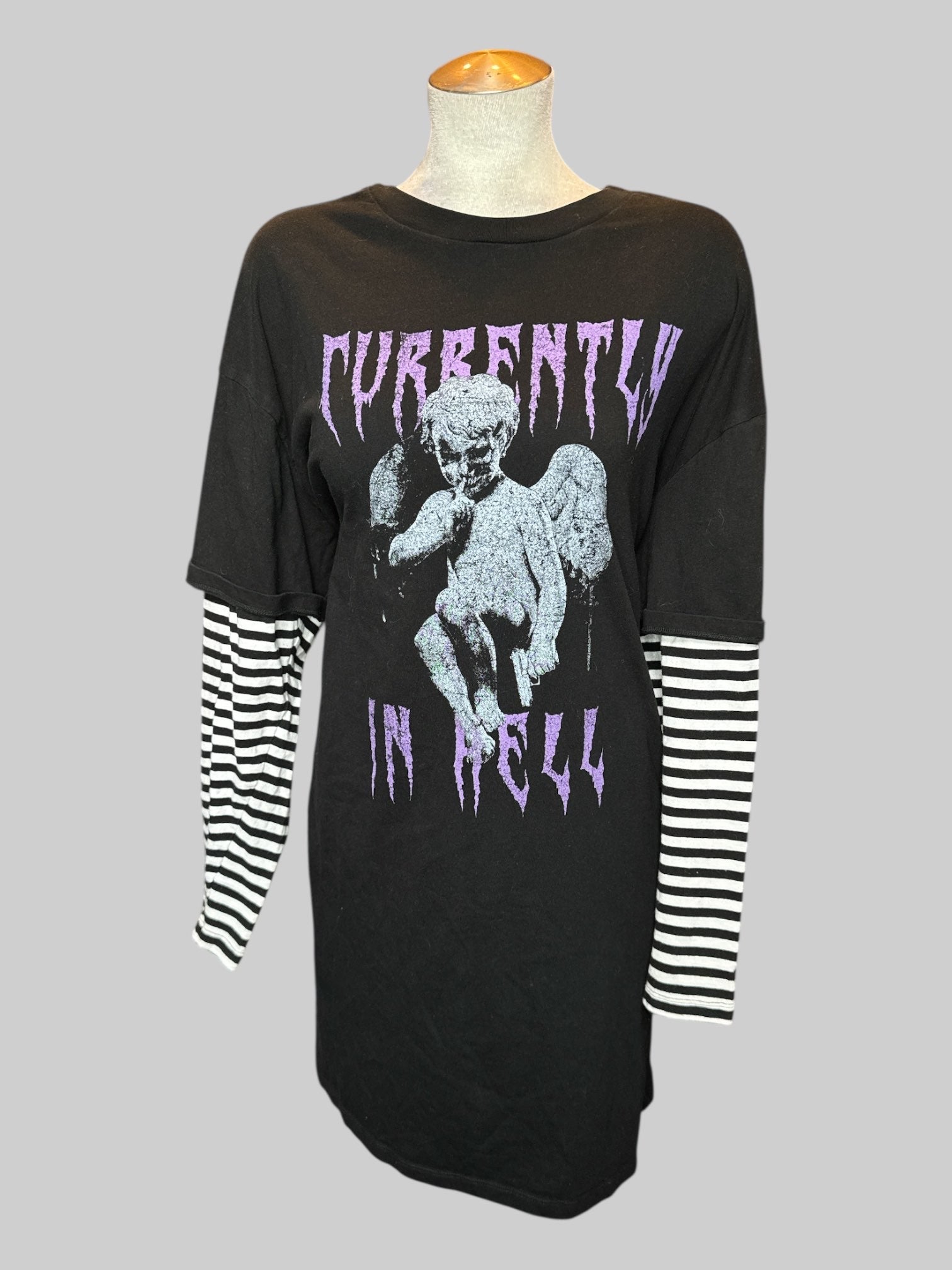 2X White and black striped long sleeve black t shirt dress with “ currently in hell” graphic