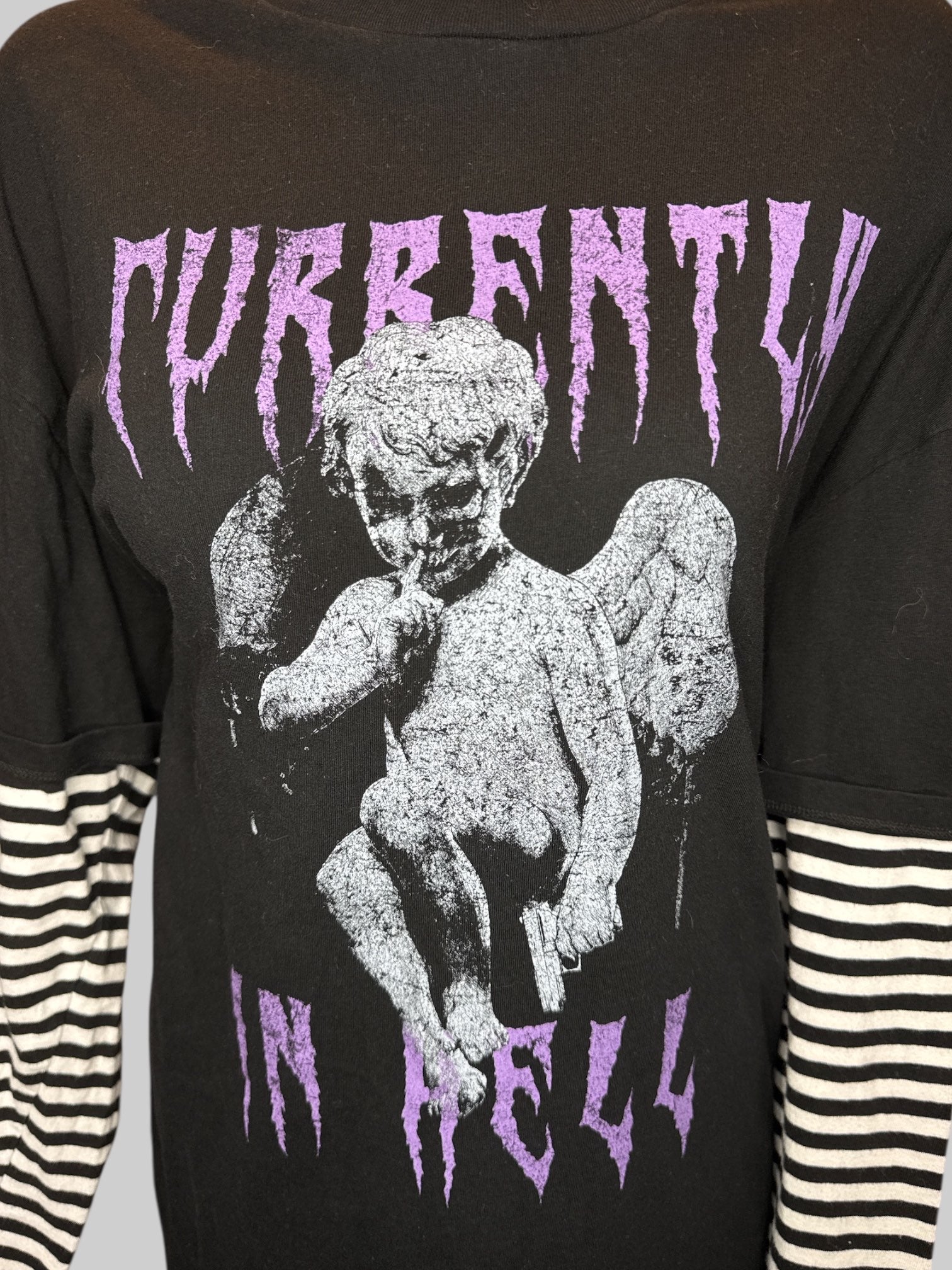 2X White and black striped long sleeve black t shirt dress with “ currently in hell” graphic