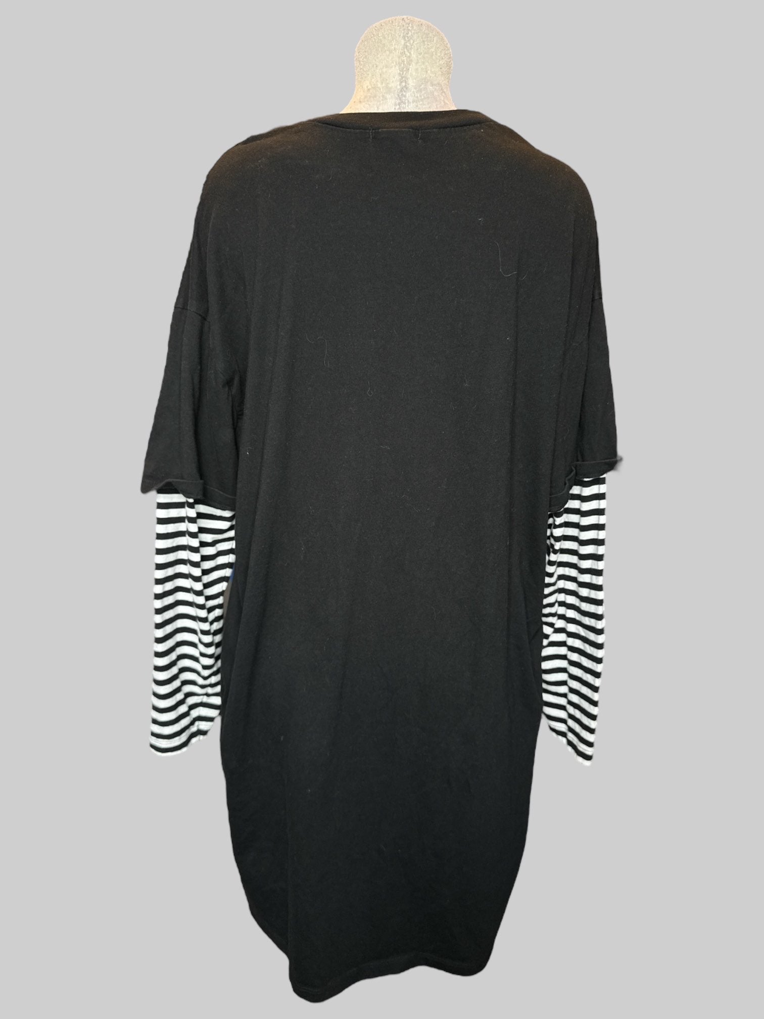 2X White and black striped long sleeve black t shirt dress with “ currently in hell” graphic