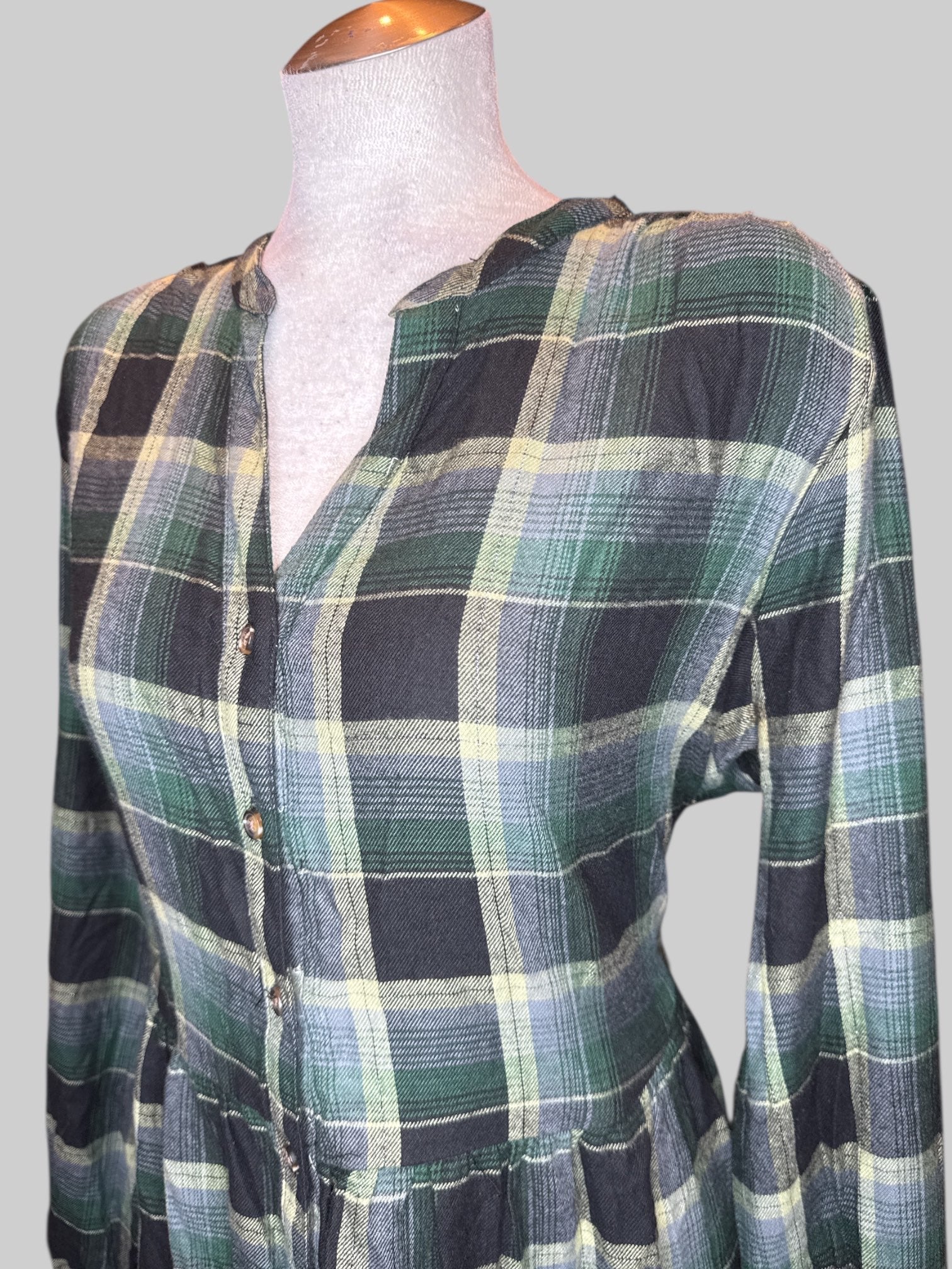 1X Green blue and metallic silver plaid button up dress
