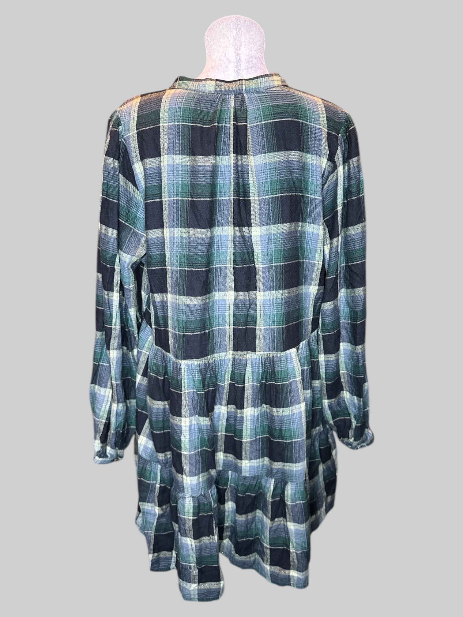 1X Green blue and metallic silver plaid button up dress