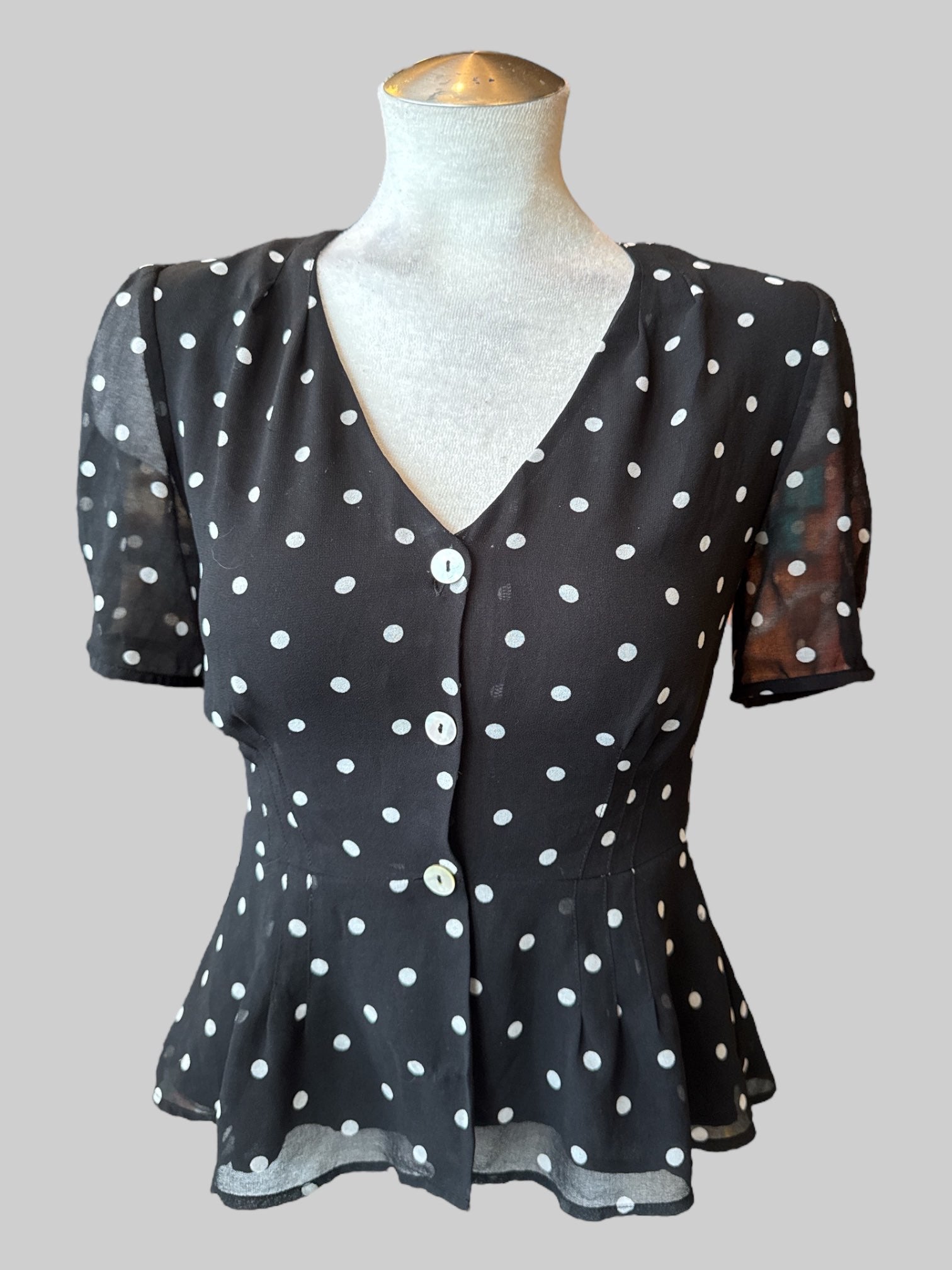 S Black and white polka dot button up top with sheer sleeves