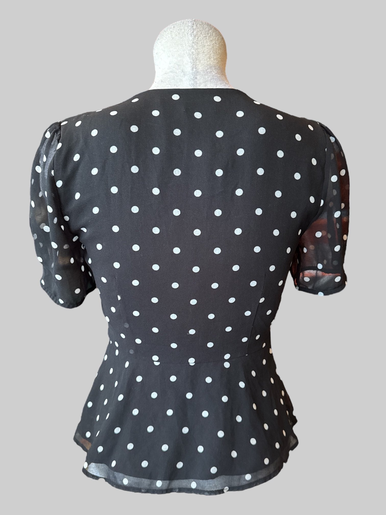 S Black and white polka dot button up top with sheer sleeves