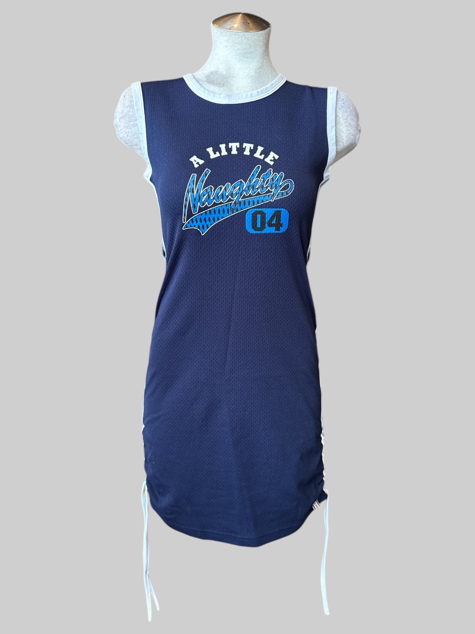 L Vintage navy blue jersey “A Little Naughty 04” dress with drawstring sides