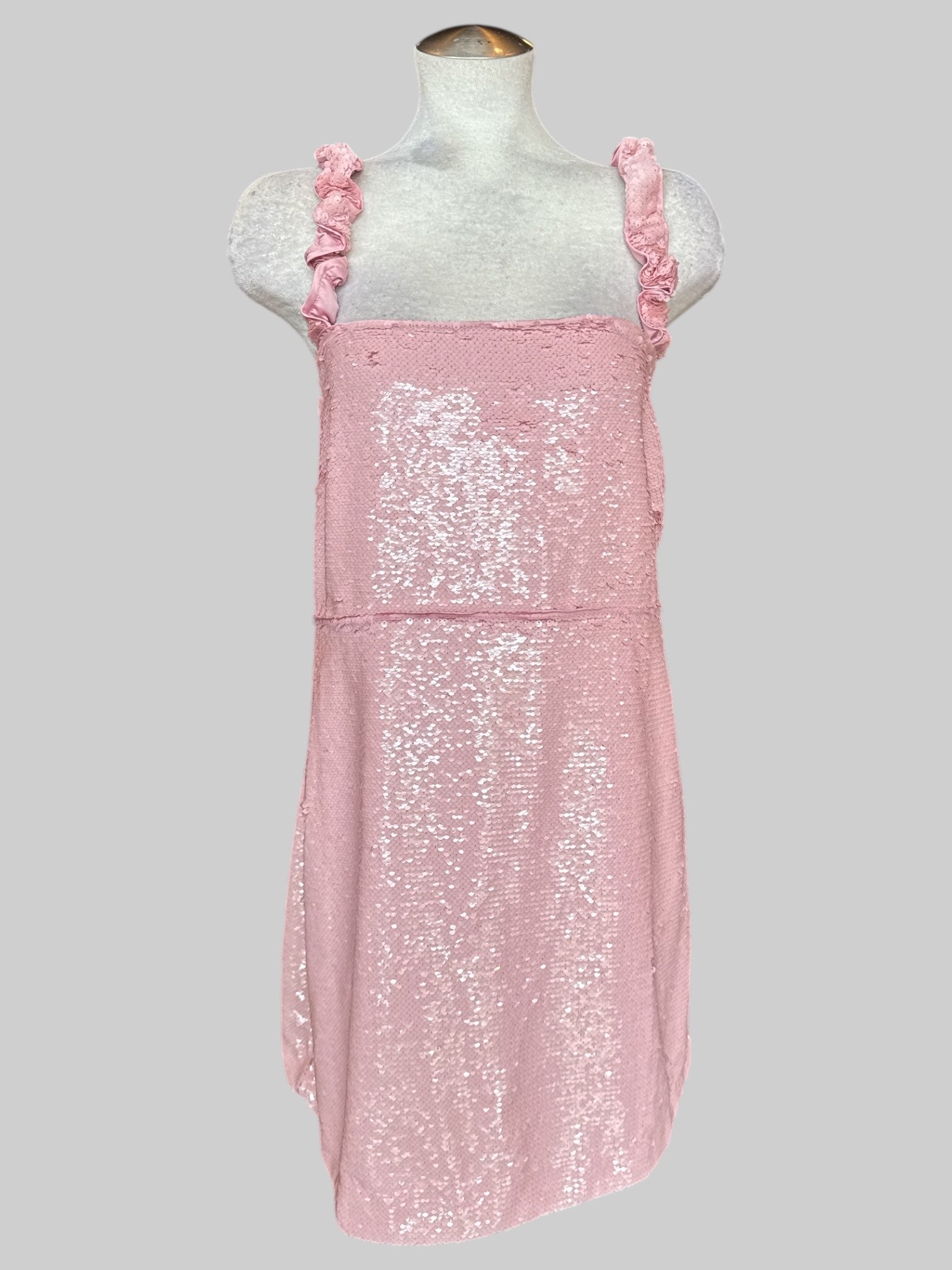 2X Ganni light pink flip sequin dress with ruched straps and side zipper