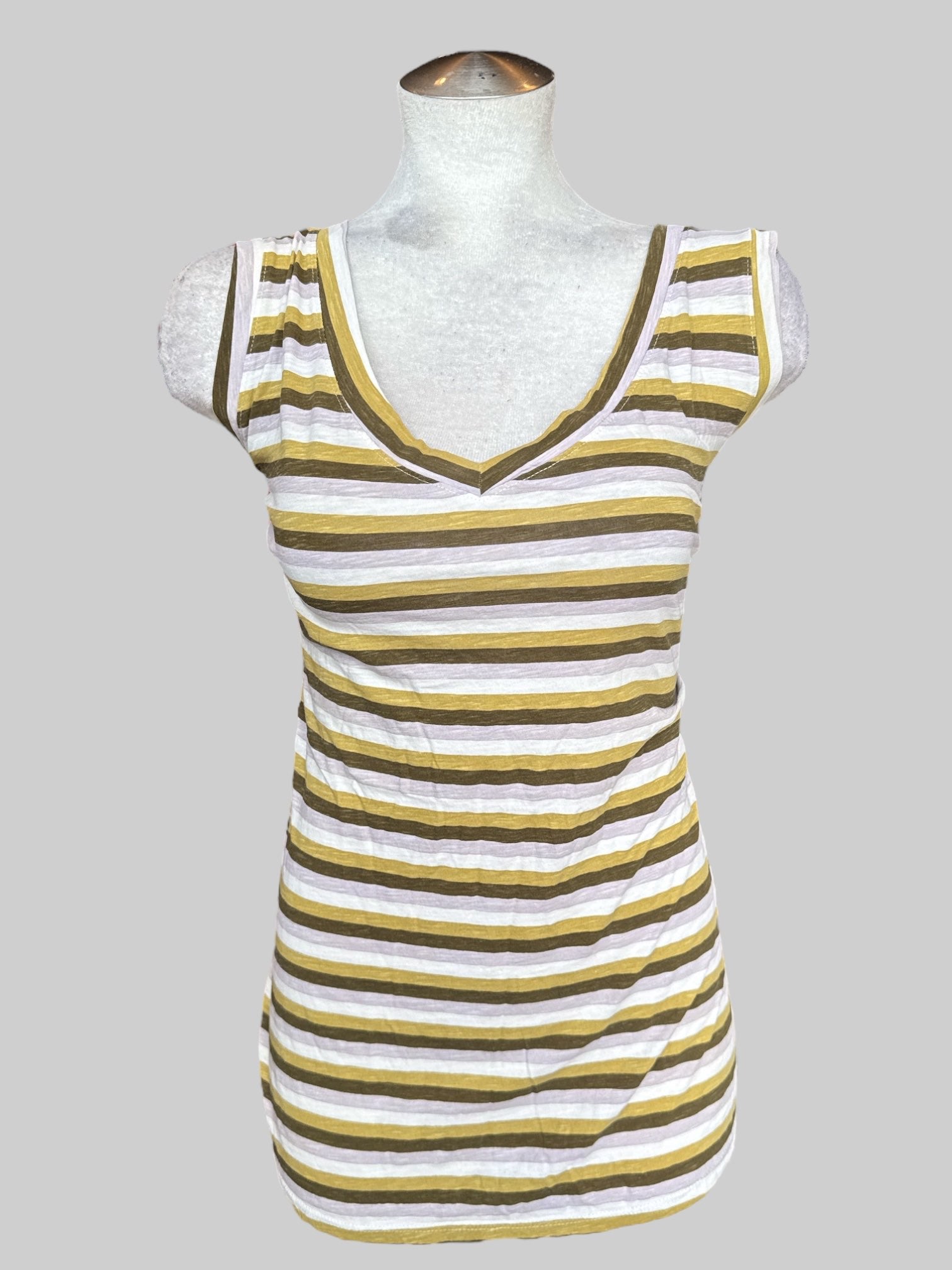 2X Green, dark green, grey, and white striped v neck sleeveless top