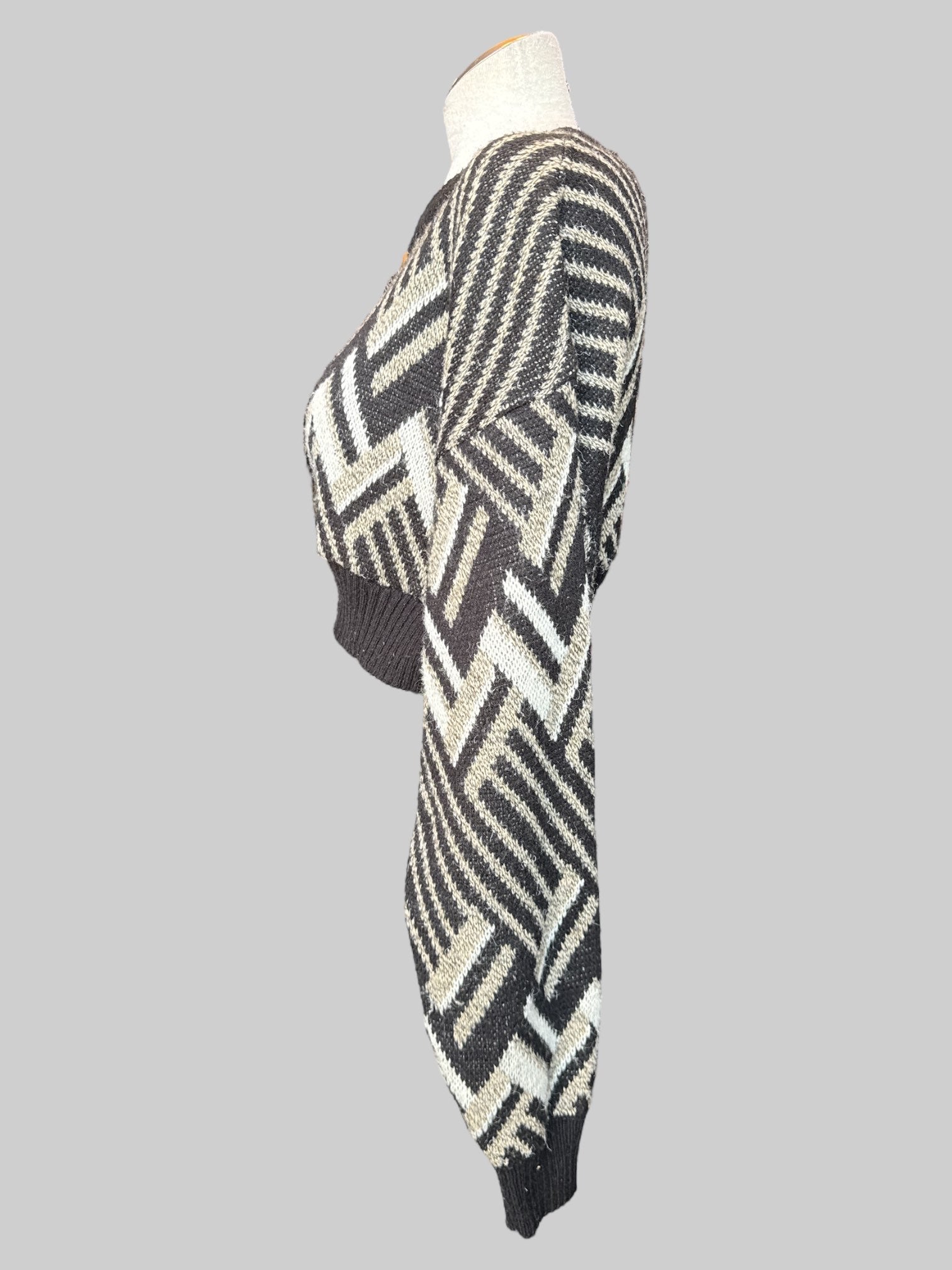 XL Vintage black, tan, and white geometric pattern cropped sweater
