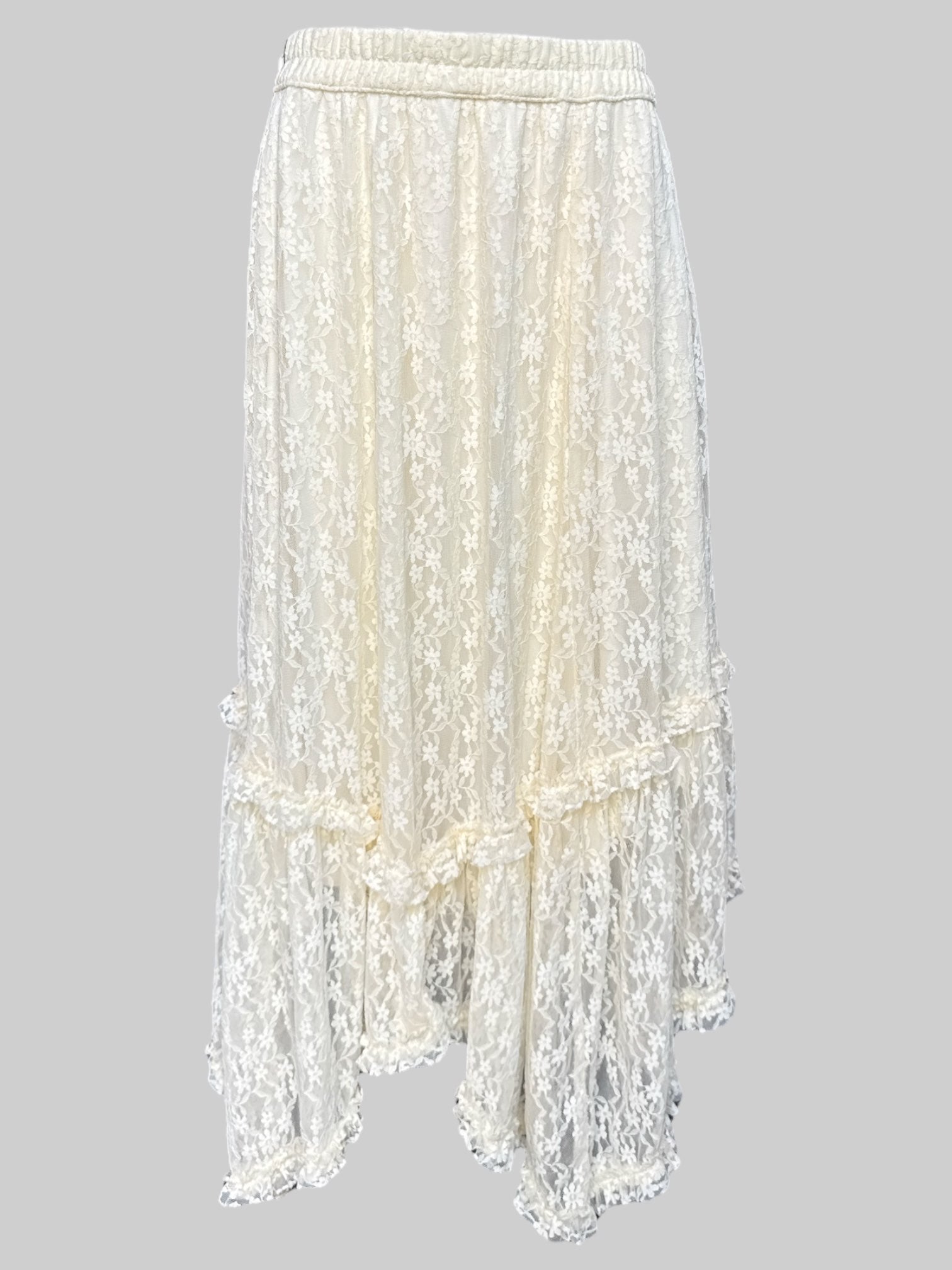 0X NWT American Eagle cream maxi skirt with cream floral lace overlay with sheer bottom and elastic waistband