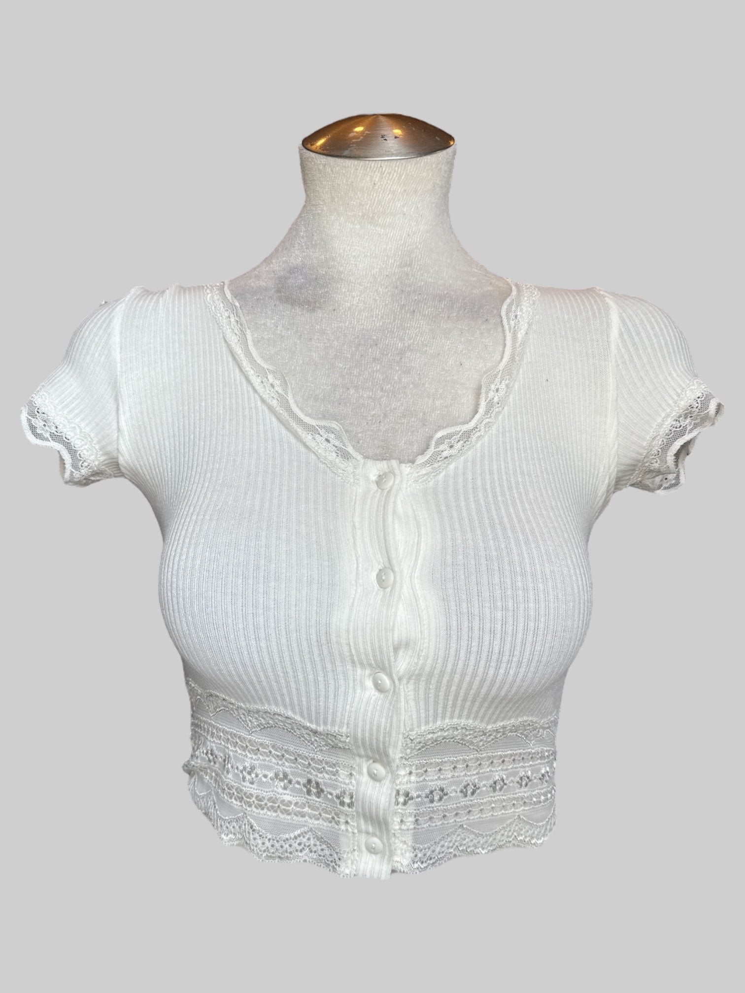 S White button up blouse with sheer lacey trim