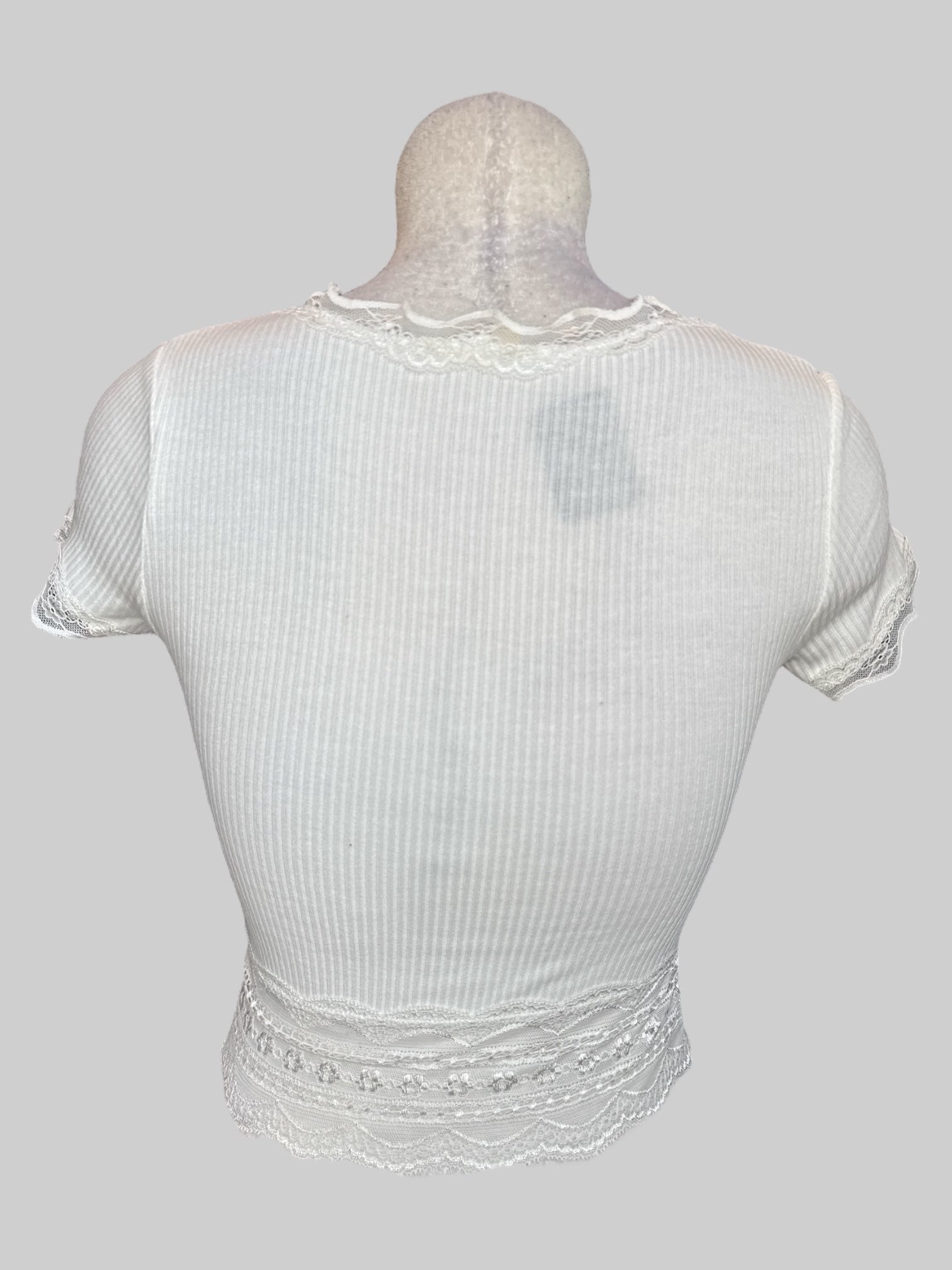S White button up blouse with sheer lacey trim