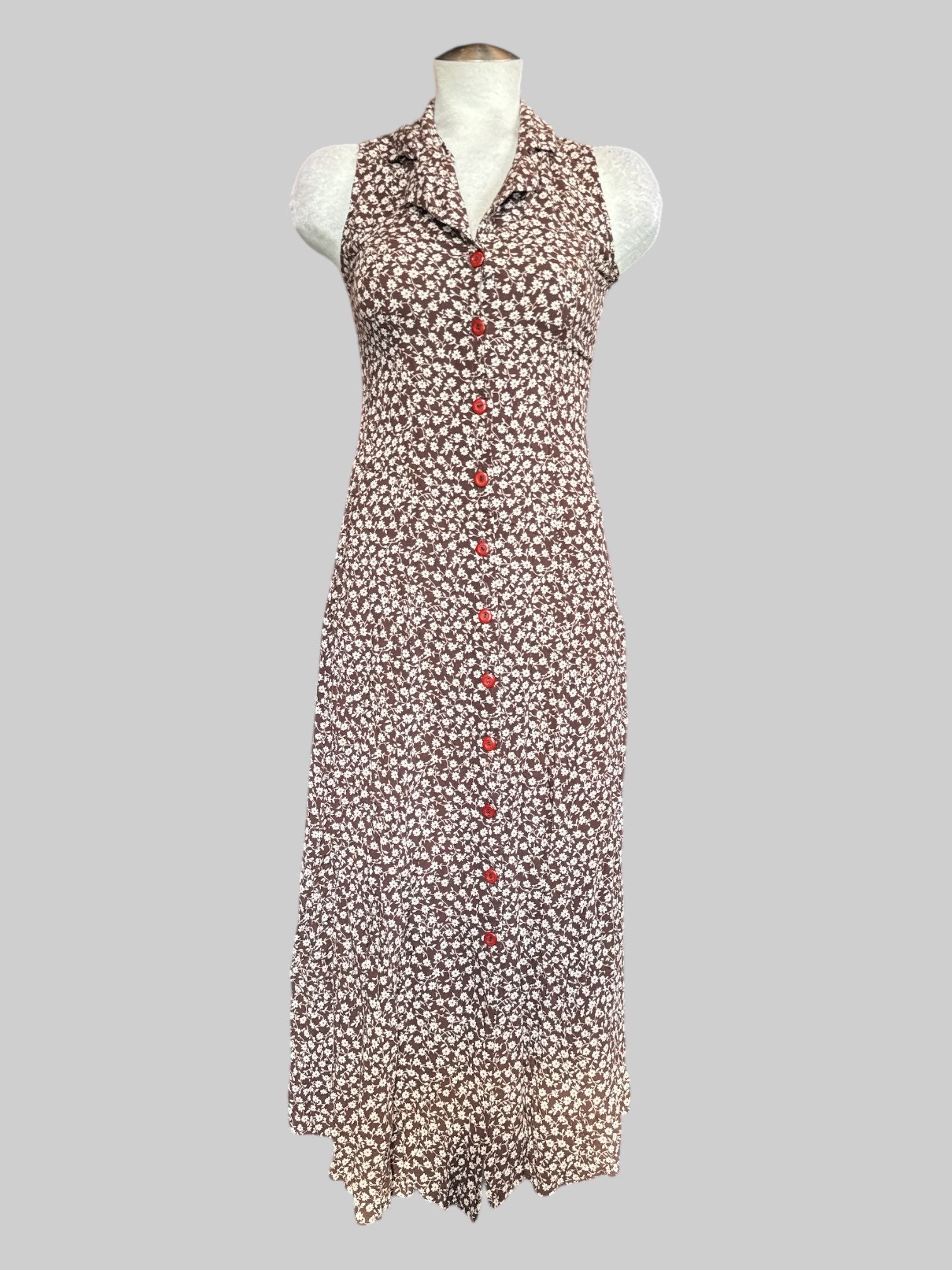 S Vintage brown button up maxi dress with white and tan florals, and tie in back