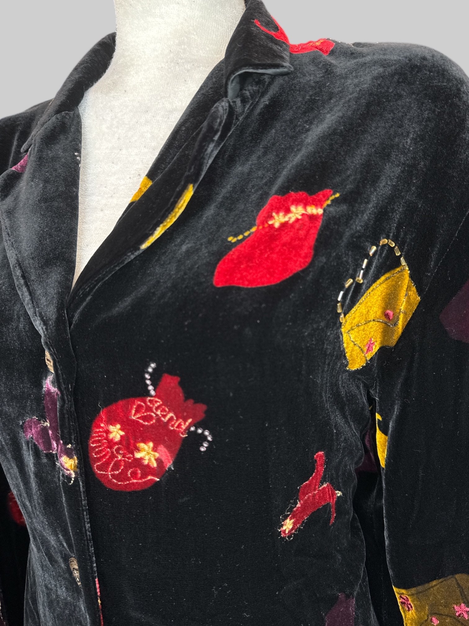 L vintage skirt and button up black velvet set with beaded bags and gloves