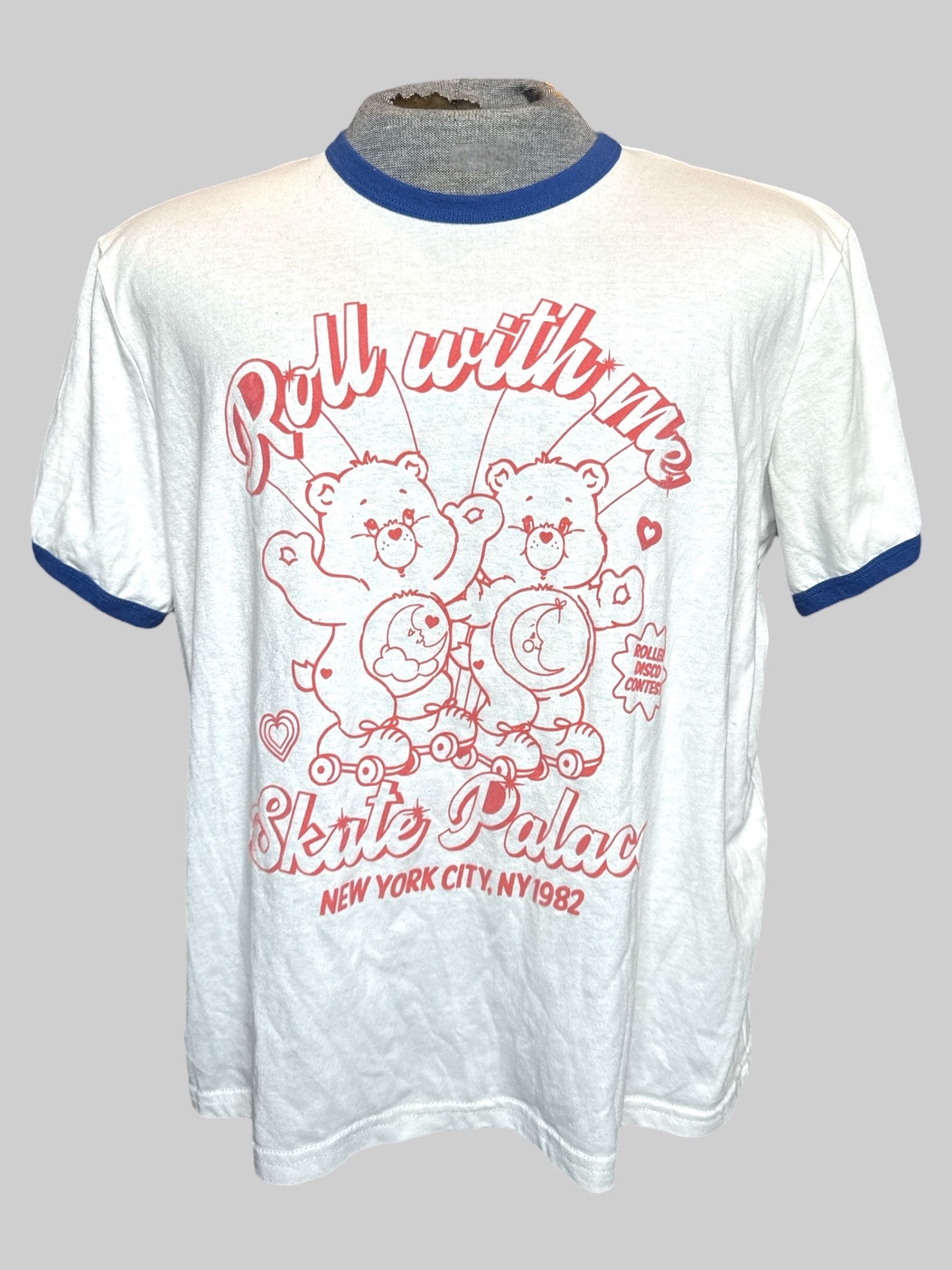 1X white ringer tee  with Care Bears  graphic