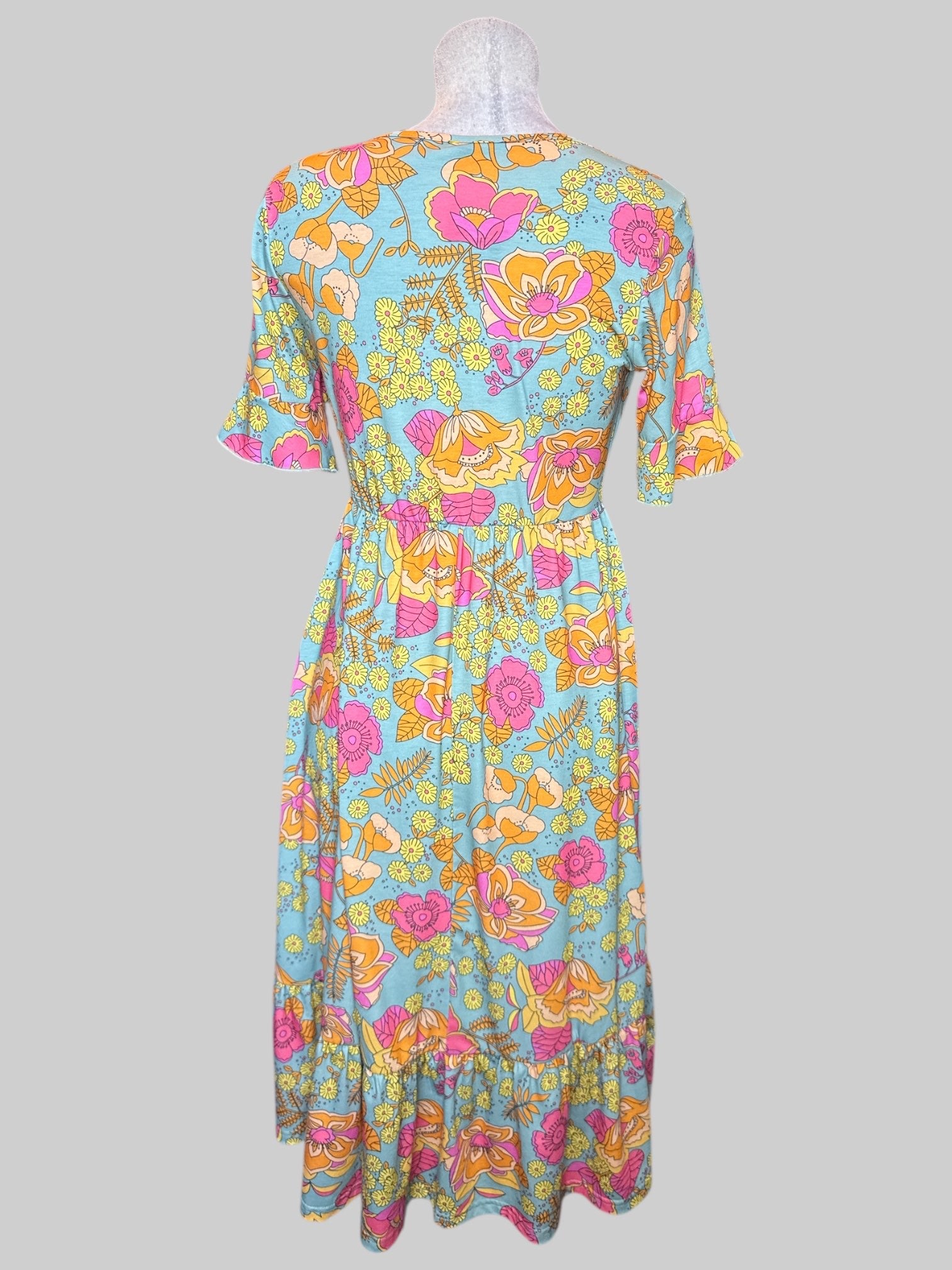 M blue flowy maxi dress with orange, pink, and yellow florals