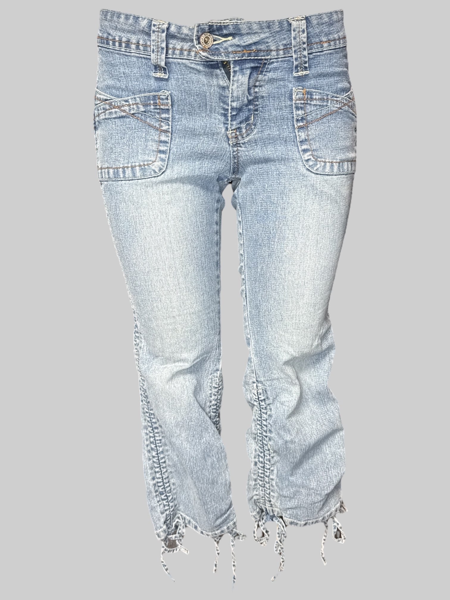 S vintage light wash pants with ruching on sides and ties