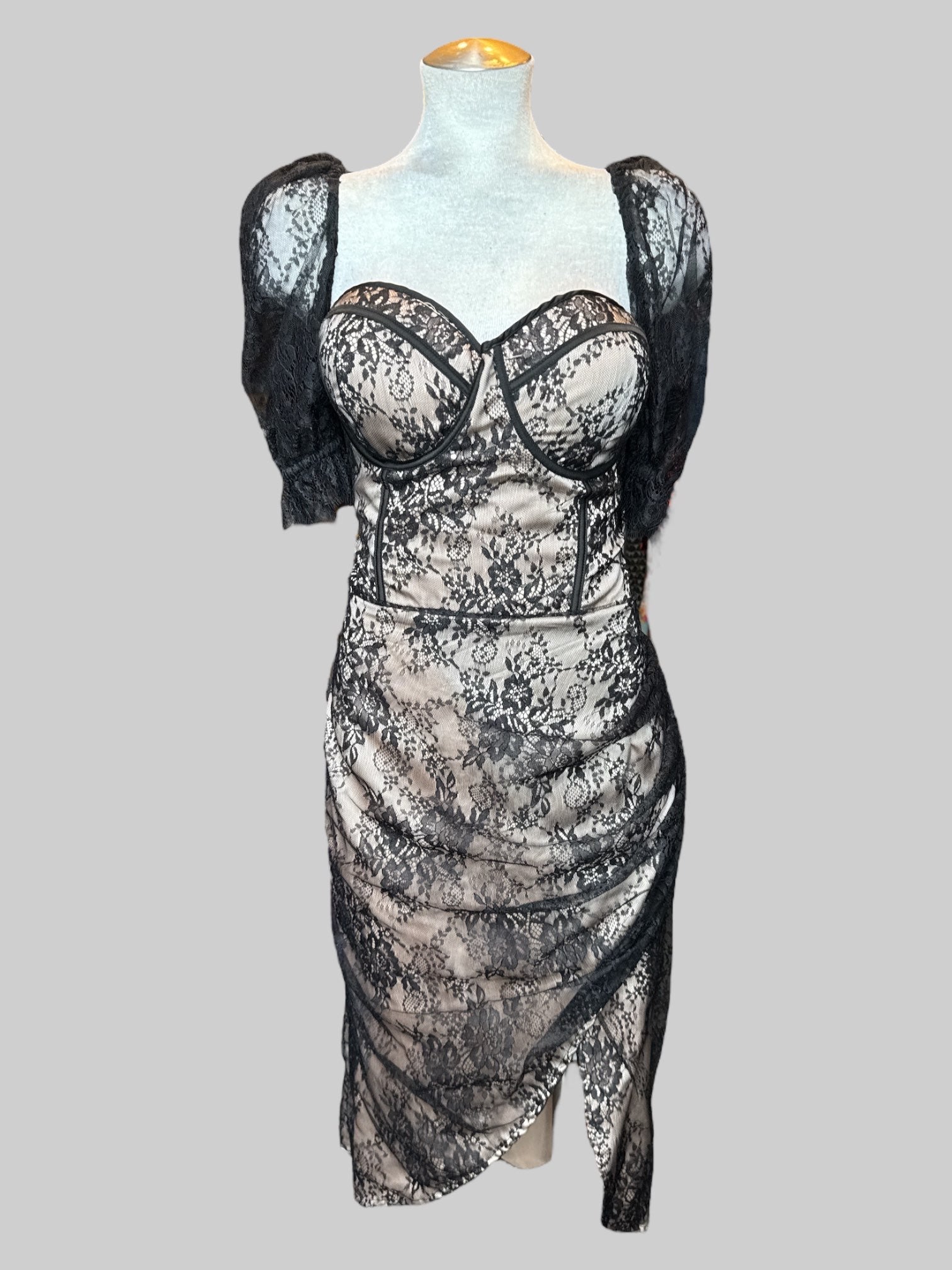 1X pinkish tan dress with black floral lace overlay, built in bra, and back zipper