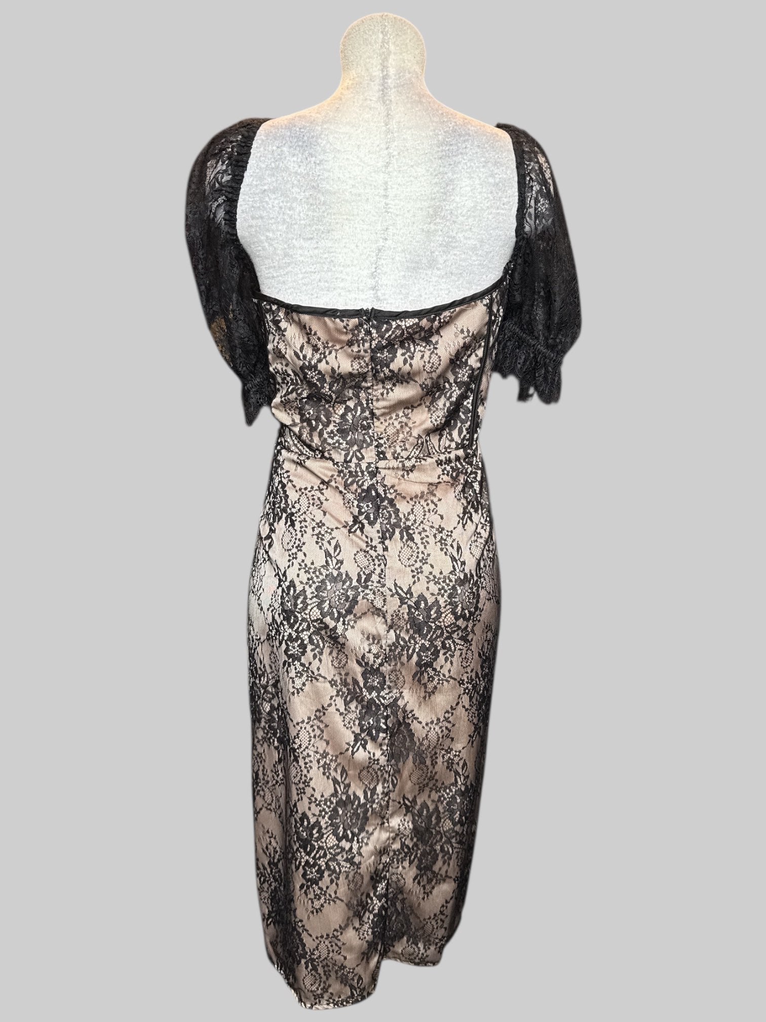 1X pinkish tan dress with black floral lace overlay, built in bra, and back zipper