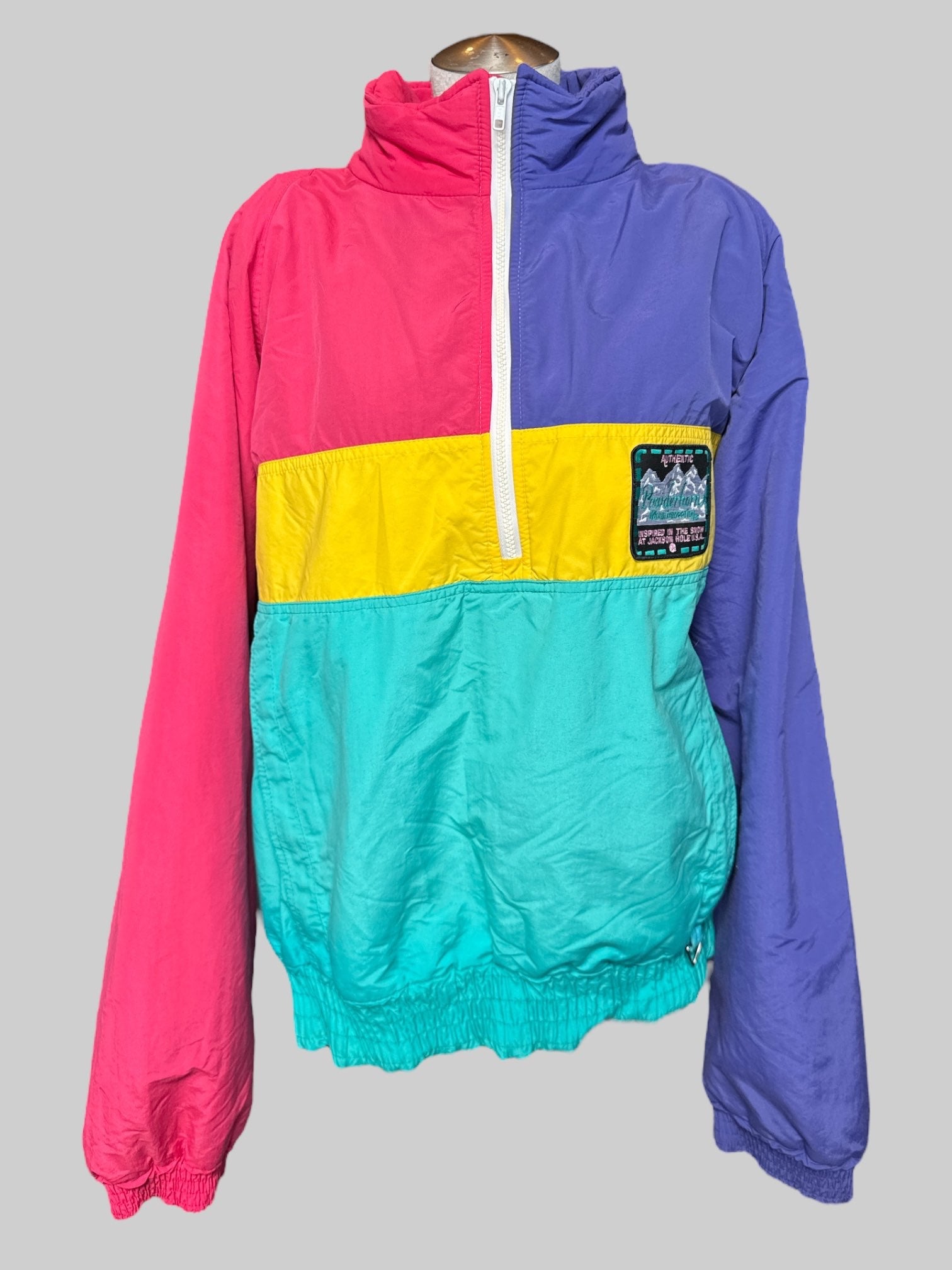 1X vintage Powderhorn Mountaineering  vintage pink, purple, yellow, and blue color block winter coat