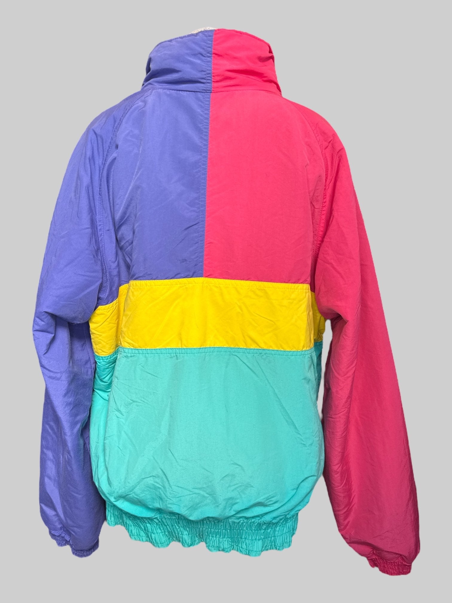 1X vintage Powderhorn Mountaineering  vintage pink, purple, yellow, and blue color block winter coat