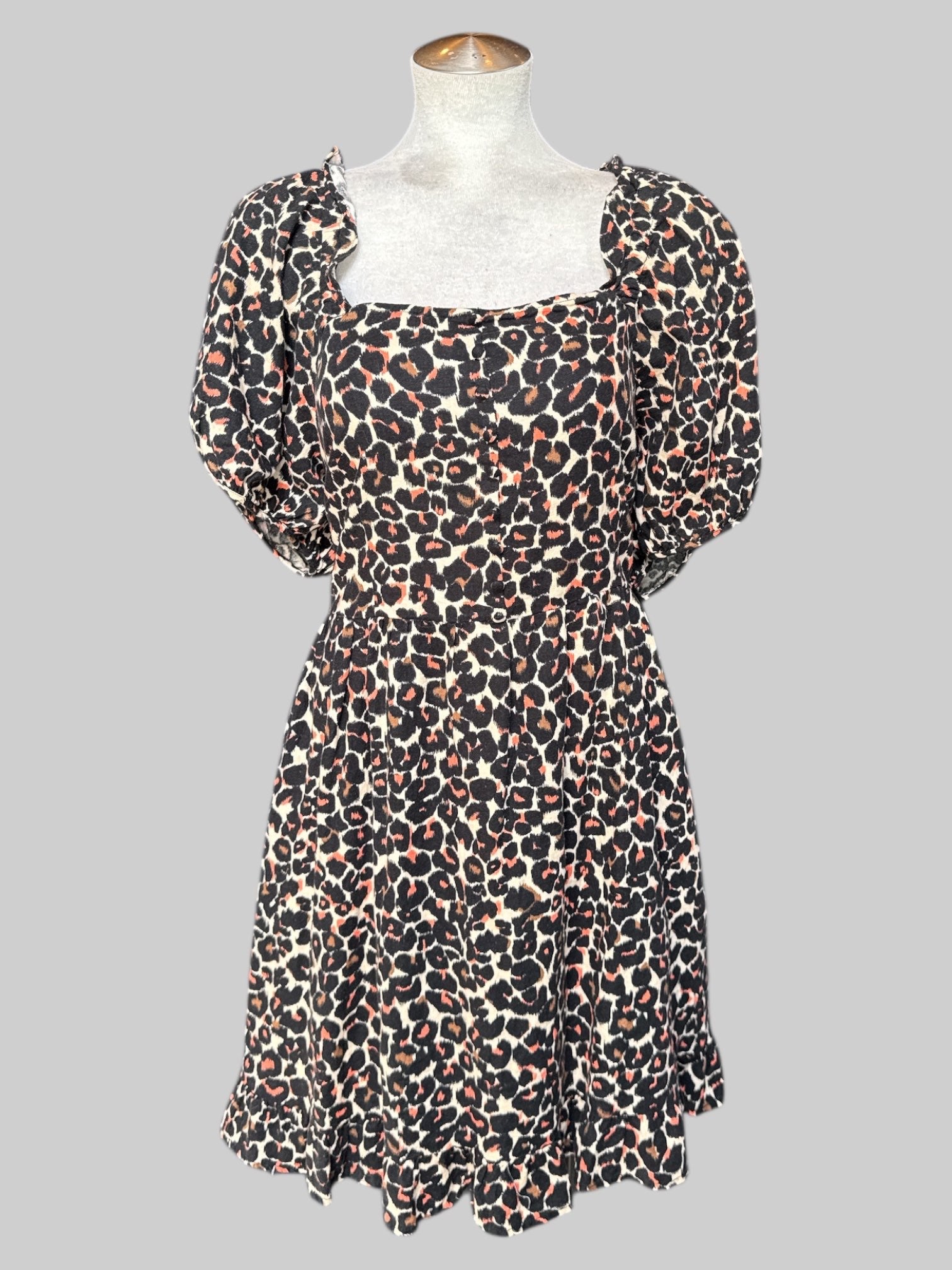 2X tan dress with black brown and pink animal, print dress with balloon sleeves and shirred back